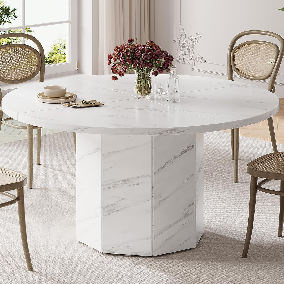 White Faux Marble Round Dining Table