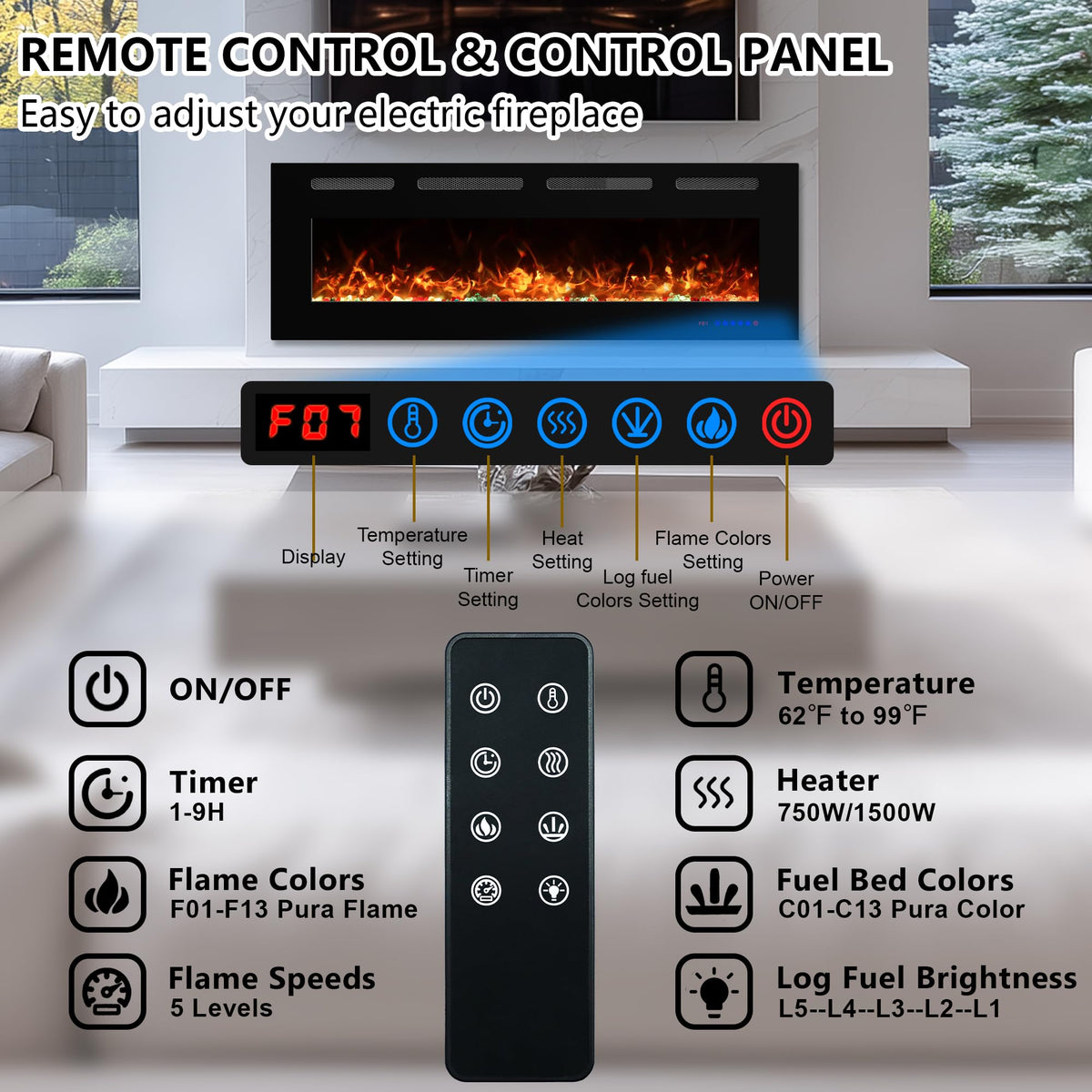 Vinemount 72" Electric Fireplace Insert Ultra-Thin, Recessed & Wall Mounted, Fireplace Heater with Adjustable Flame & Fuel Bed Color, 5 Flame Speeds & Brightness, 750/1500W, Timer