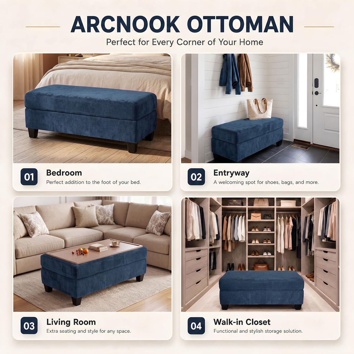 Chenille Storage Ottoman with Tray