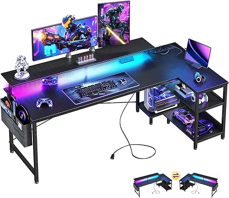 ODK 58 Inch Gaming Desk with USB Charging Ports and LED Lights, Reversible L Shaped Computer Desk with Storage Shelves & Monitor Stand, Corner Gamer Desk Table with Power Outlets, Black