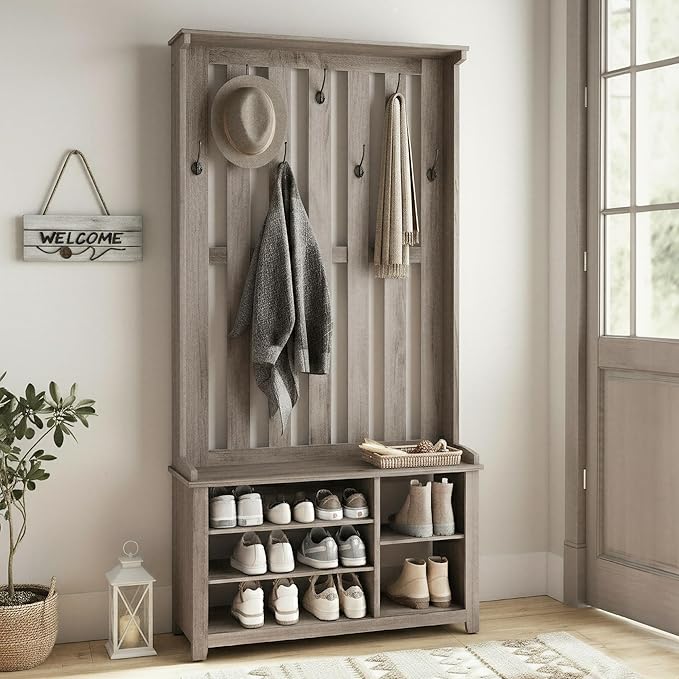 Hall Tree with Bench, Shoe Storage & 7 Double Hooks