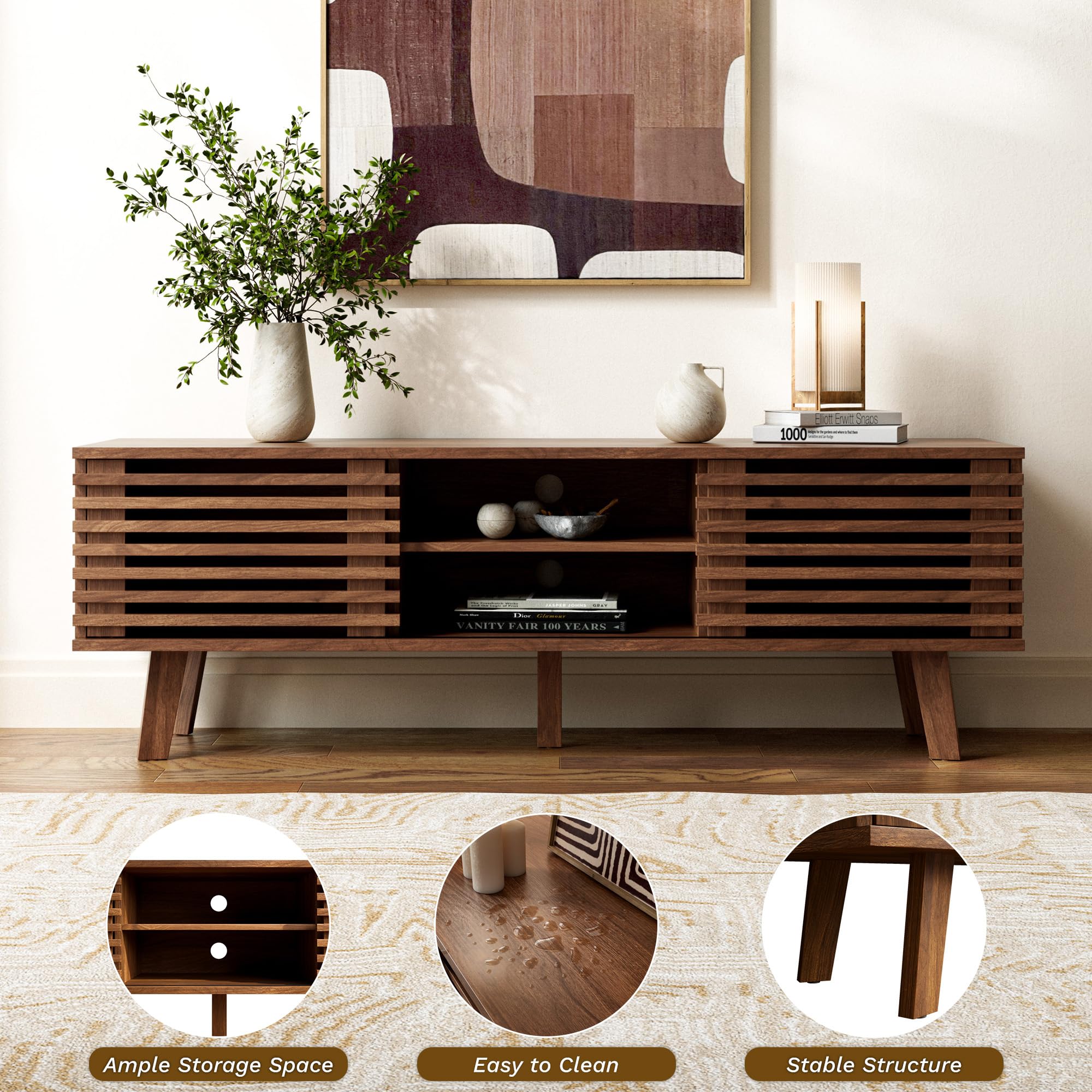 Furniway Living Room Table Sets of 2, Mid Century Coffee Table and TV Stand, Wood Coffee Table with Storage, Modern TV Stand for Bedroom, Living Room, Walnut