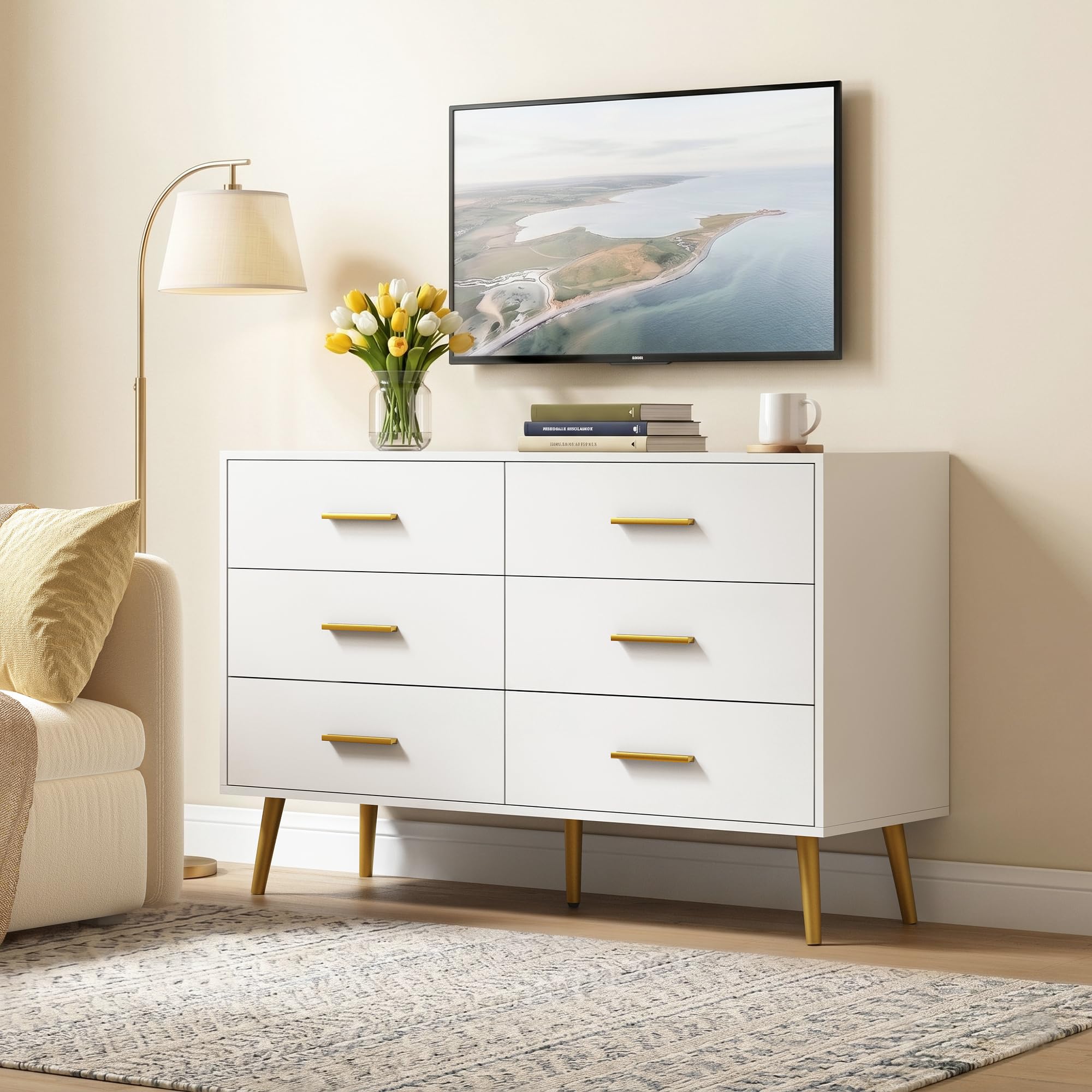 CARPETNAL White Dresser for Bedroom, 6 Drawer Dresser with Wide Drawers and Gold Metal Handles, 47” Wood Dressers & Chests of Drawers for Hallway, Entryway.