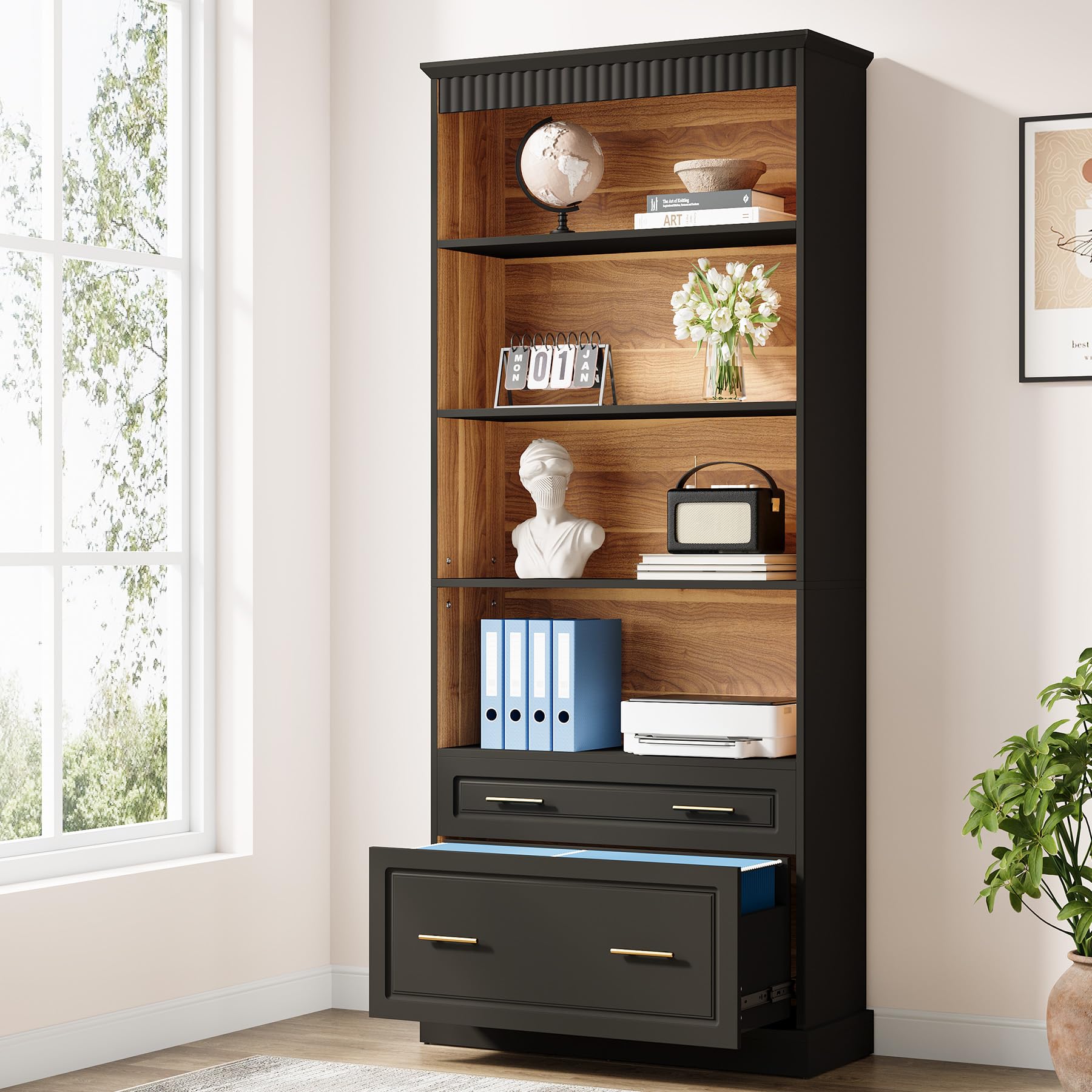 2-Drawer File Cabinet with 5-Tier Bookshelf & Printer Stand