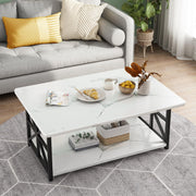 AWQM Faux Marble Coffee Table for Living Room with Round Corners,2 Tier Living Room Table with Storage Shelf,Rectangular Coffee Table Center Table for Small Spaces,White