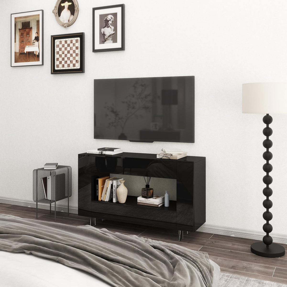 47" TV Stand, High-Gloss Finish with 2 Drawers and Hidden Storage, Black