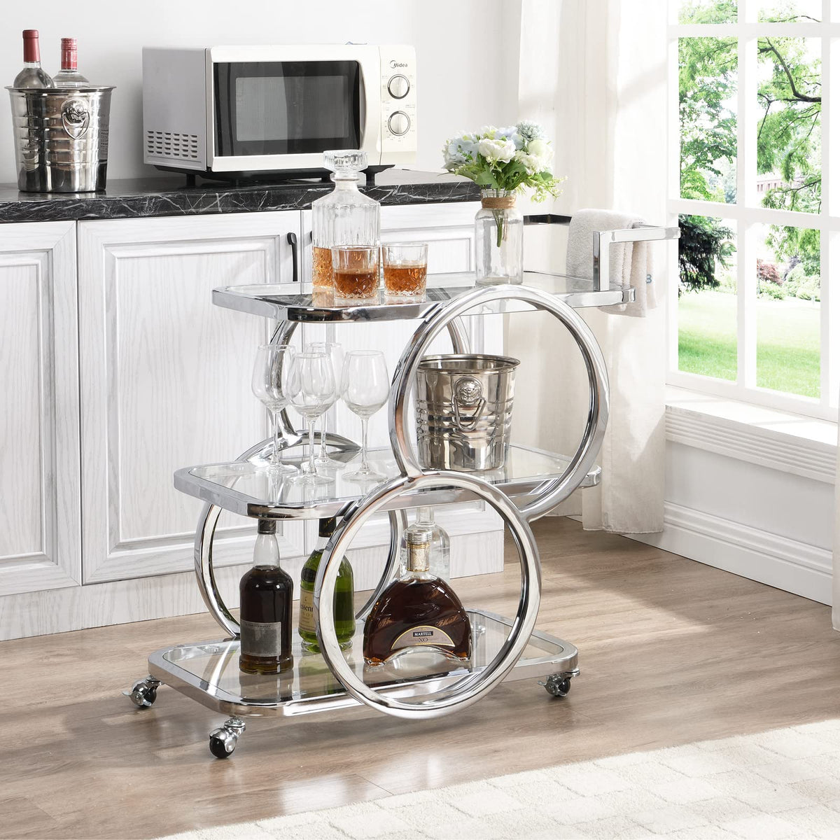 FERFALDER Home Bar Serving Carts 3 Tier Kitchen Carts on Wheels Mobile Bar Carts for Home Kitchen Dining Room Living Room Party, Stainless Steel