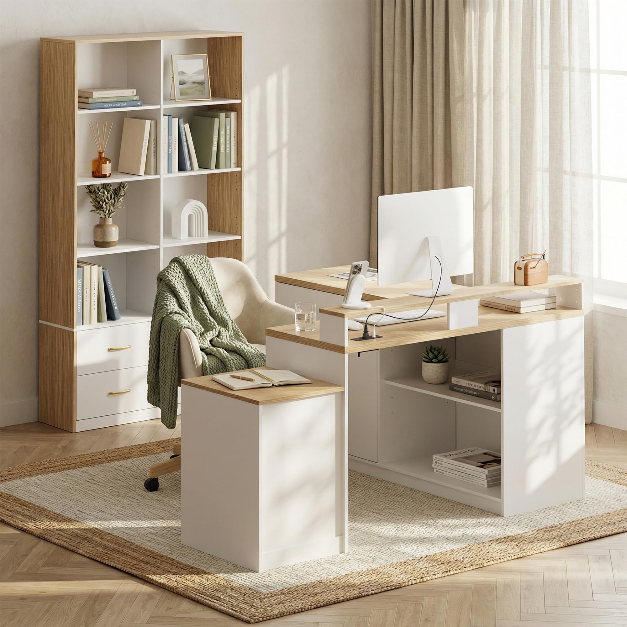 L-Shaped Desk with Storage Cabinet & Monitor Stand
