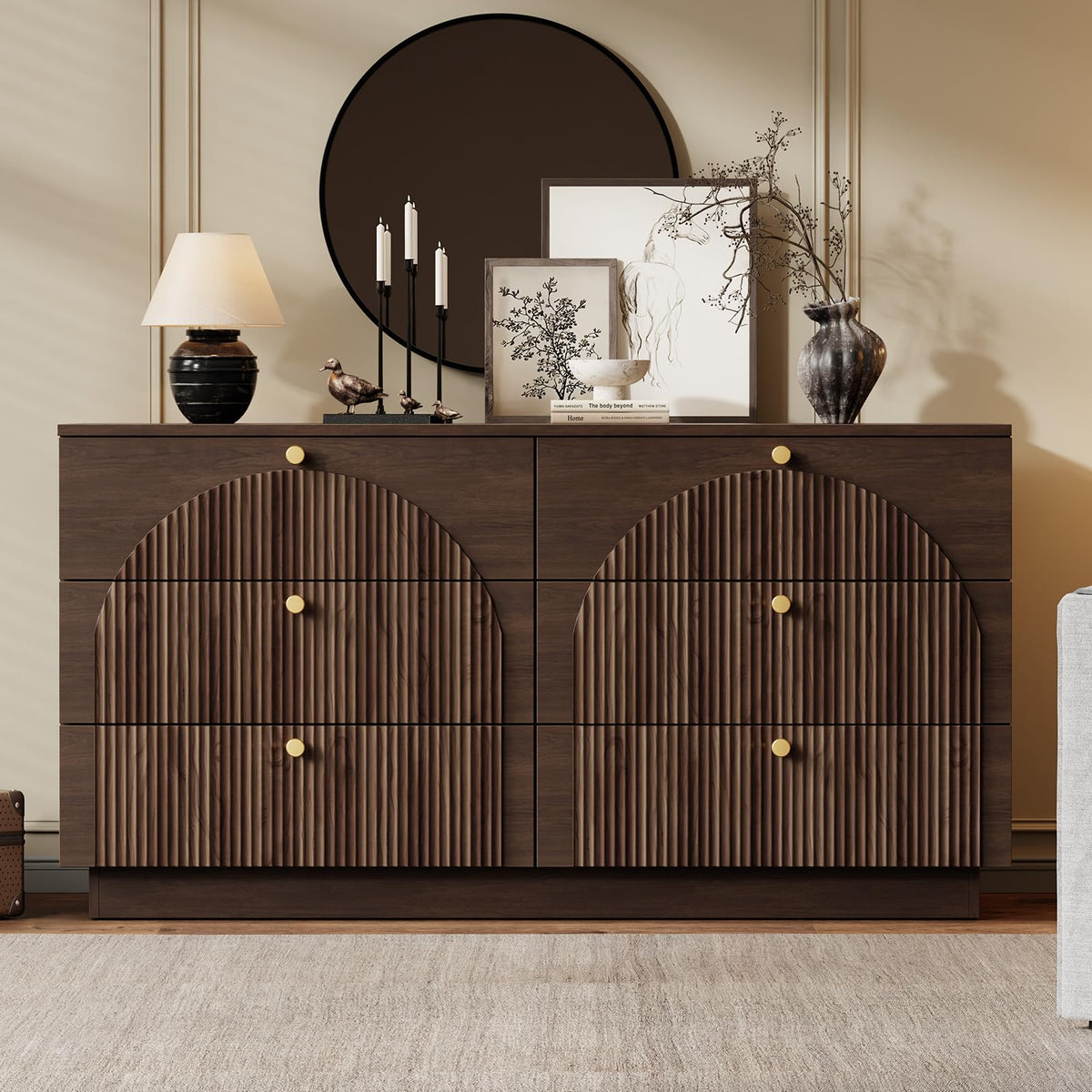 Herihome Arched Fluted Dresser for Bedroom with 6 Drawers 55" Wide Walnut