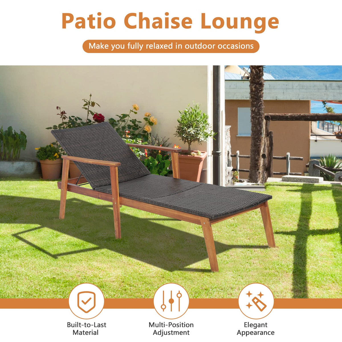 HAPPYGRILL Patio Chaise Lounge Chair, Outdoor Rattan Recliner with 4-Level Adjustable Backrest, Solid Acacia Wood Frame, Ergonomic Lounge Chair for Backyard Poolside Balcony