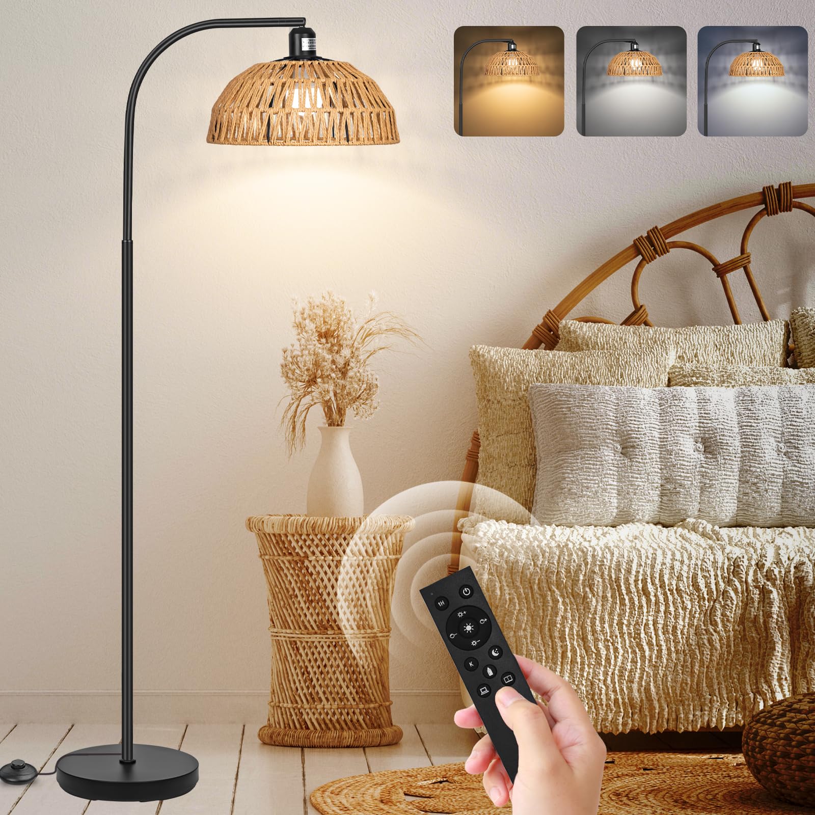 Rattan Floor Lamp- Boho Standing Lamp with Remote Control and Dimmable Bulb, Hand-Worked Adjustable Rattan Shades, Black Farmhouse Tall Lamp, Boho Arc Floor Lamps for Living Room, Bedroom, Office