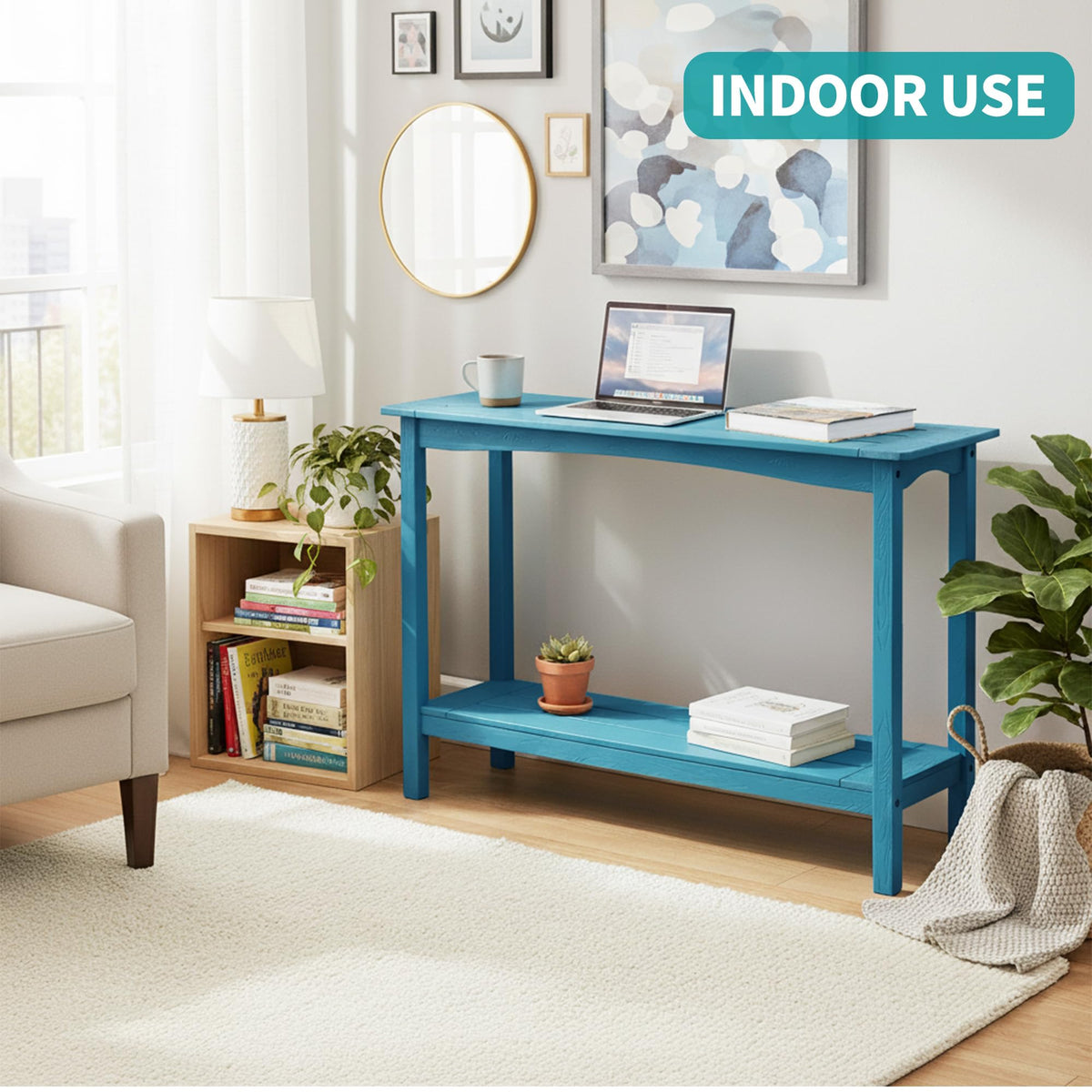 Outdoor Console Table, All-Weather 2-Tier Patio Console Table, Light Blue