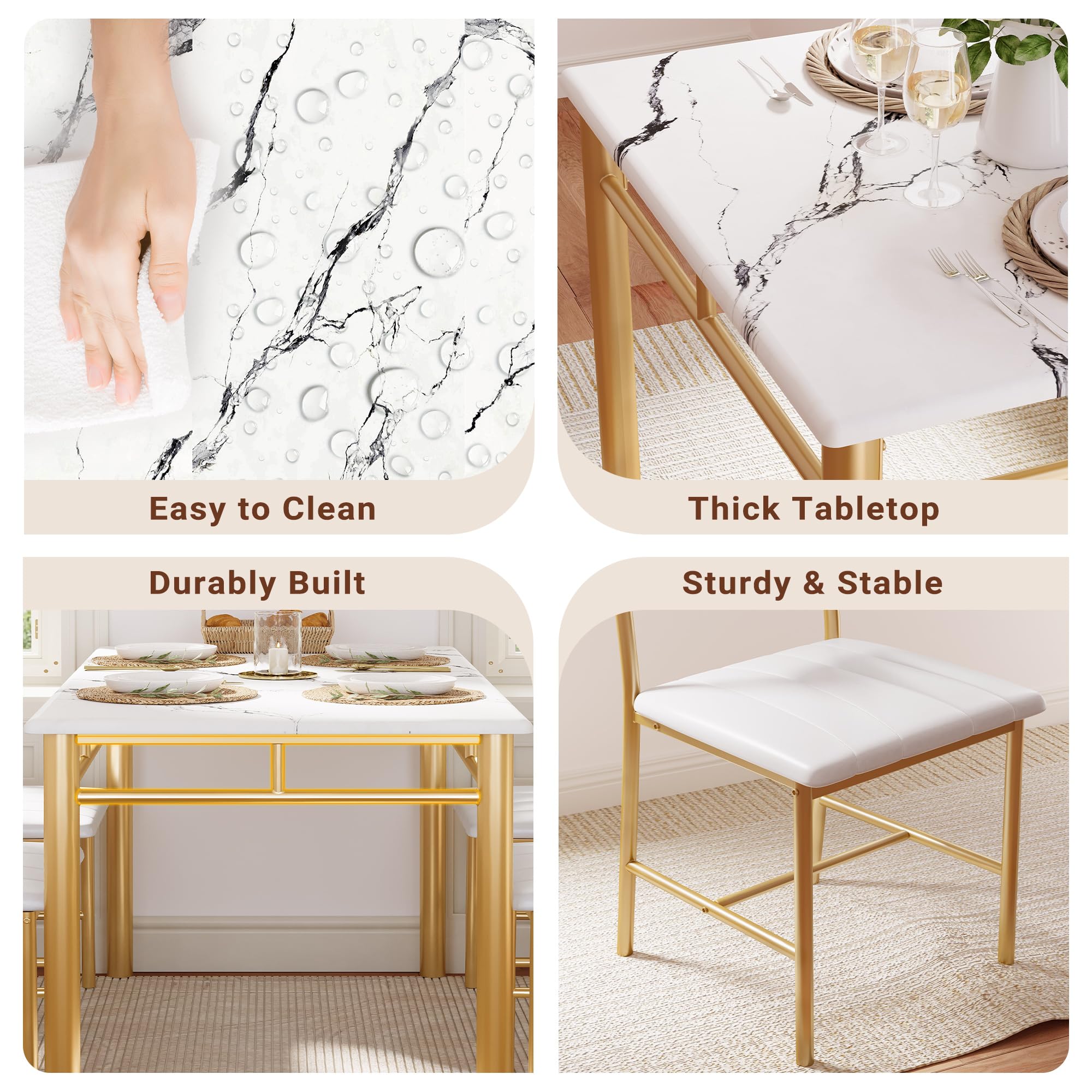 IRONCK Dining Table Set for 4, Wood Kitchen Table with Upholstered Chairs for Kitchen & Dining Room, Compact Dining Set for Small Spaces, White & Gold