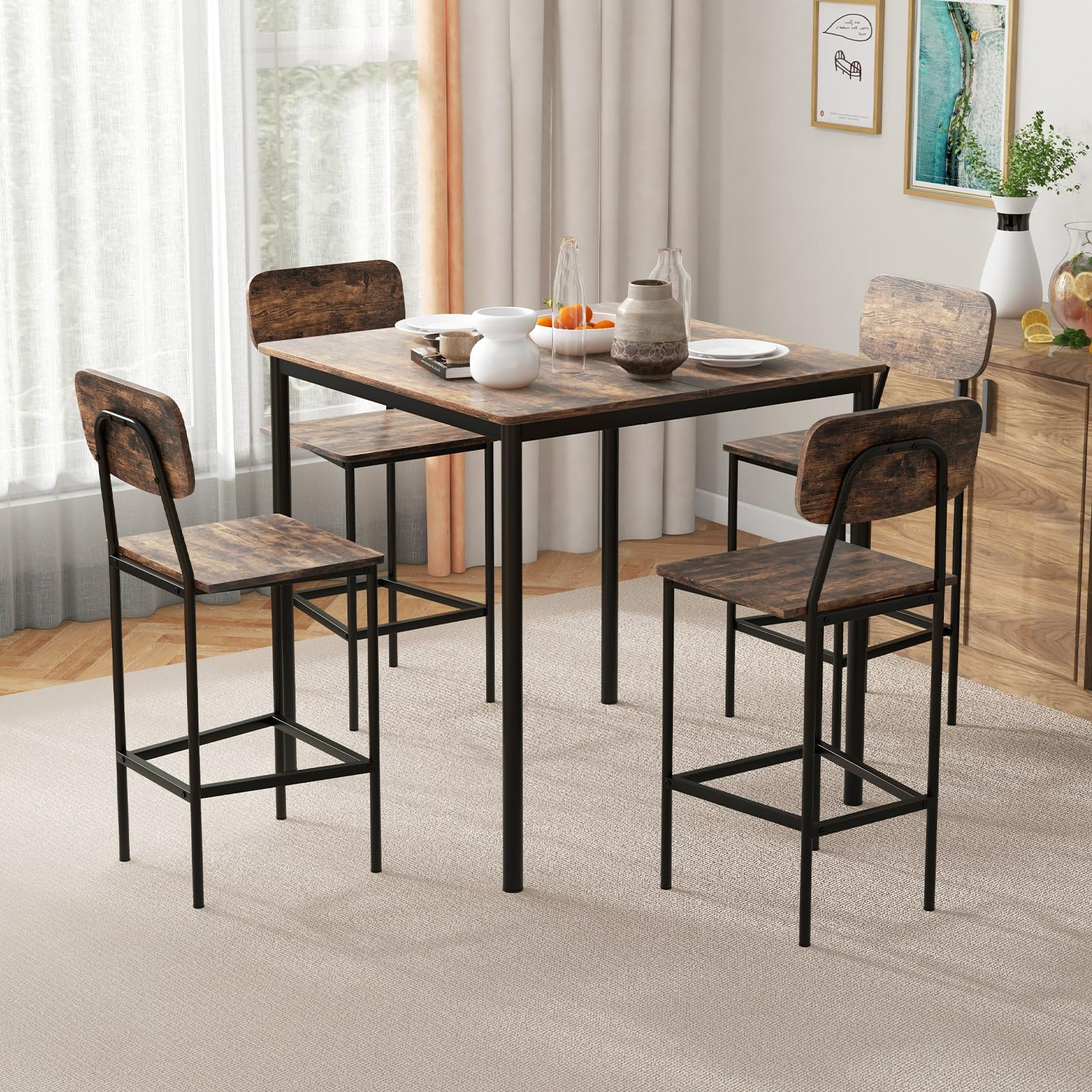 5-Piece Counter Height Dining Table Set with 4 Bar Stools