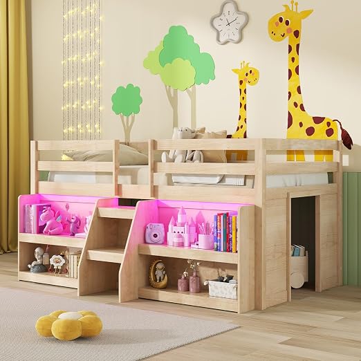 Twin Low Loft Bed with LED Lights, Stairs & Bookcase