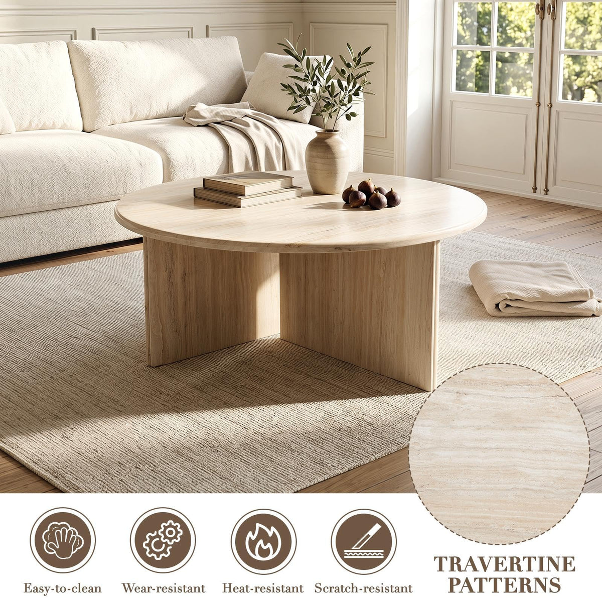 DUOMAY Coffee Table and End Table Set of 2 Modern Round Nesting Coffee Table Faux Marble Side Table Wooden Beige Travertine Finish for Living Room, Reception Room, Home Office
