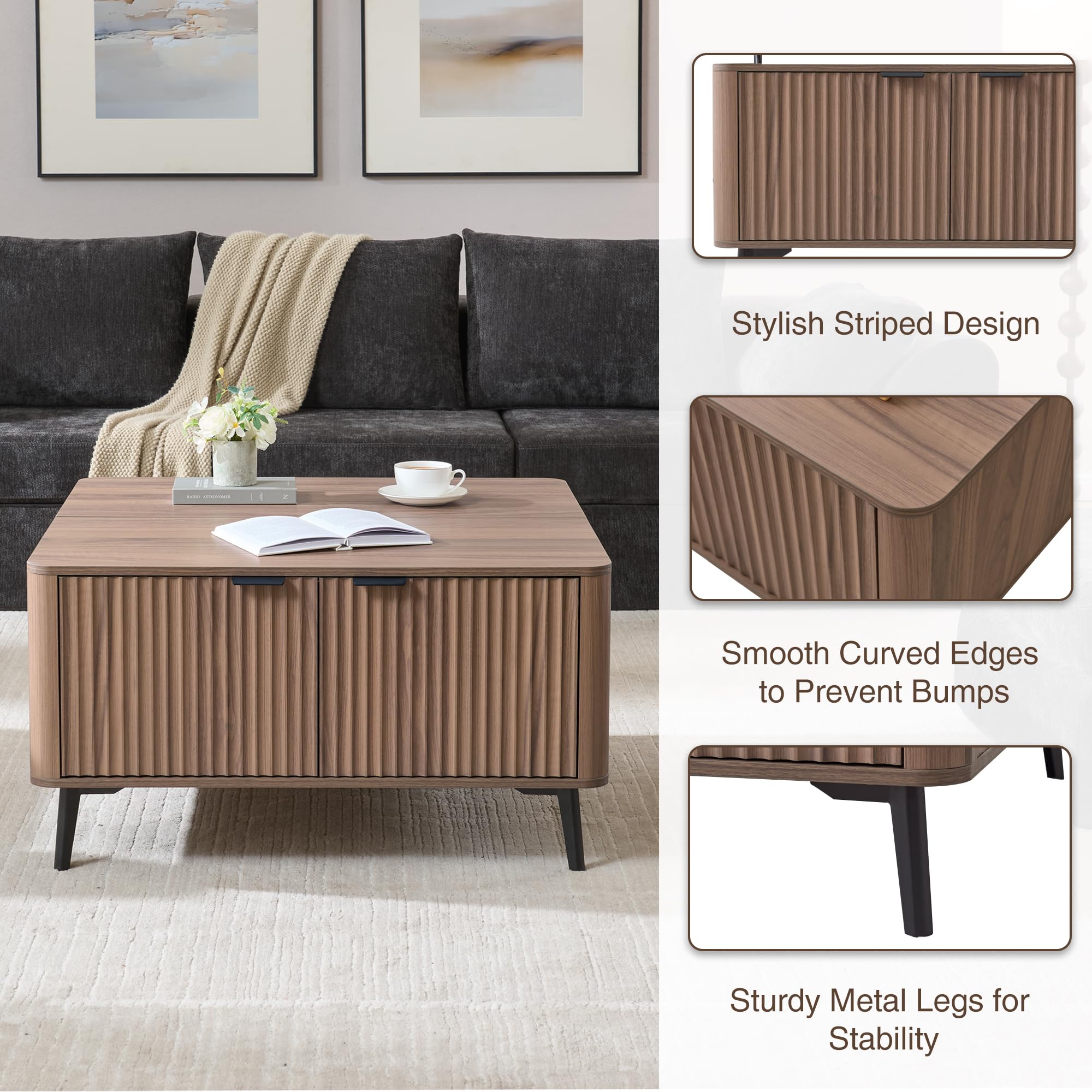 Fatmok Large Lift Top Coffee Table with Hidden Compartment, 35.4" Wide Oversized Square Coffee Table with Storage, Mid Century Modern Fluted Center Table for Home Living Room, Brown