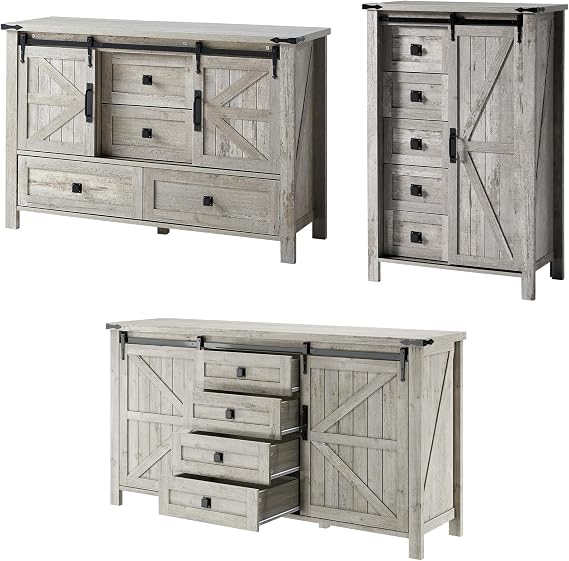 3-Piece Farmhouse Bedroom Dresser Set with Sliding Barn Doors