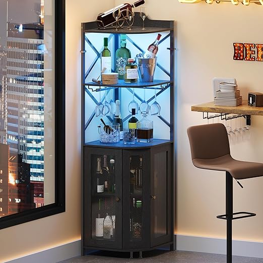 5-Tier Corner Bar Cabinet with LED Lights & Glass Holder