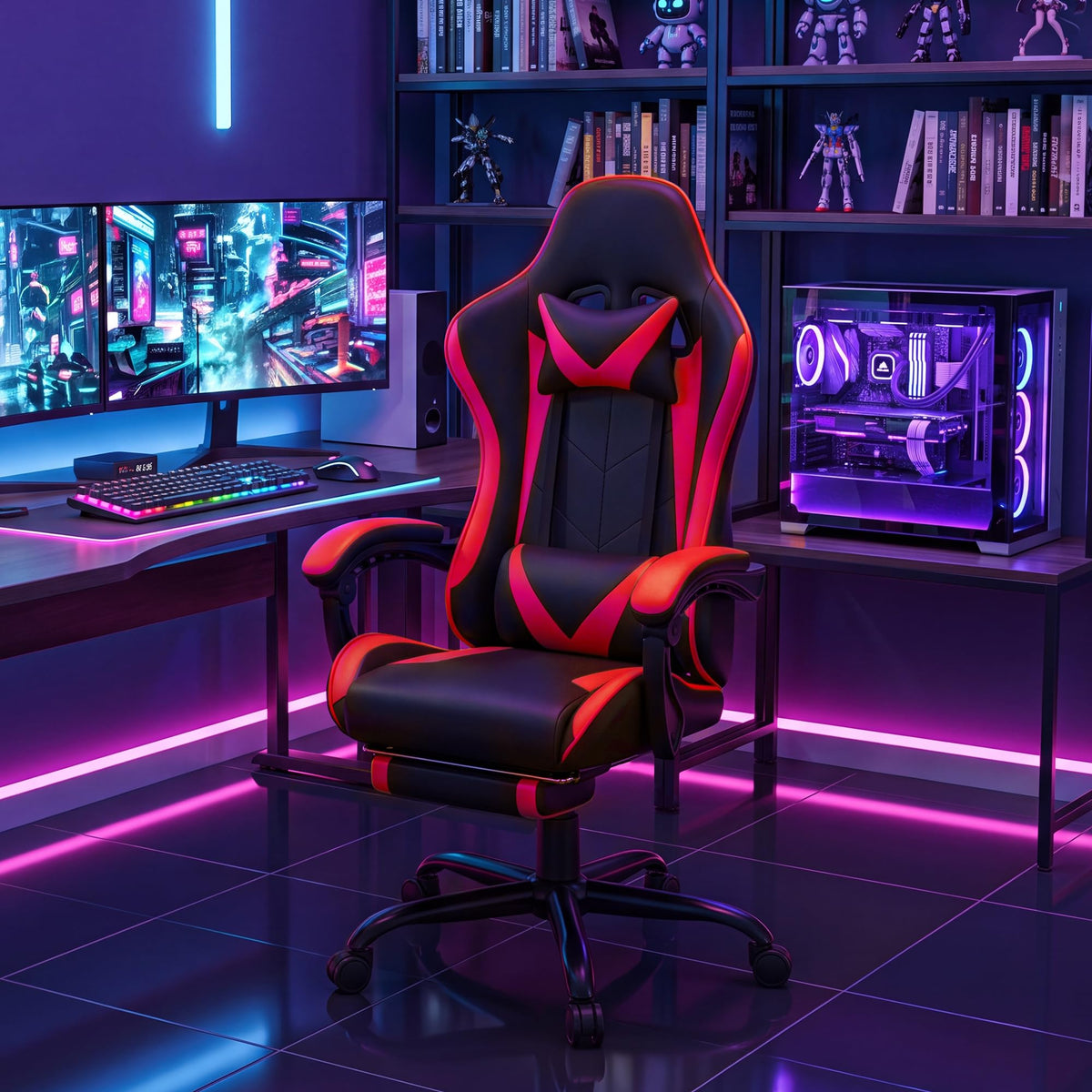 Red Gaming Chair with Footrest