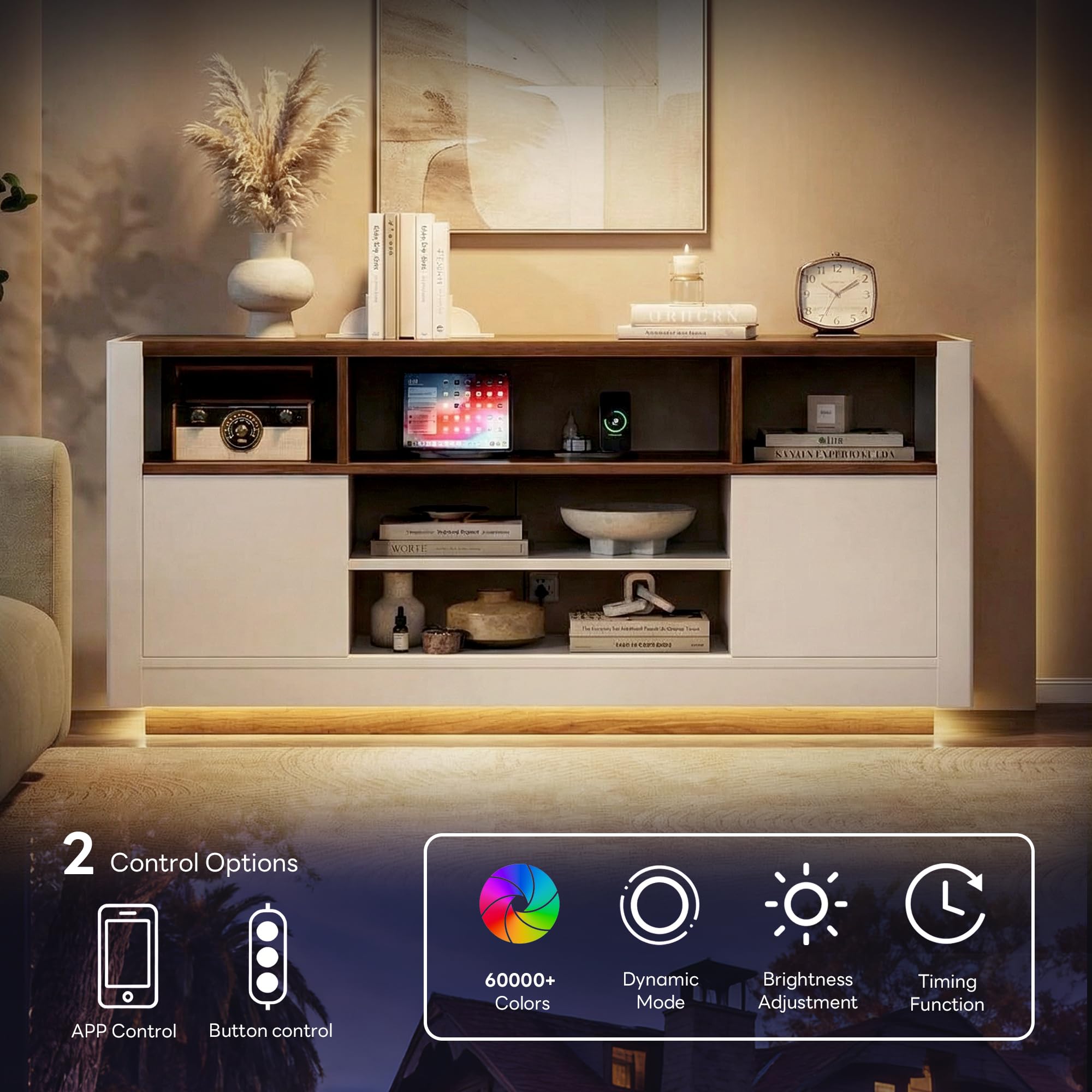 65" TV Stand with LED Lights & Charging Station