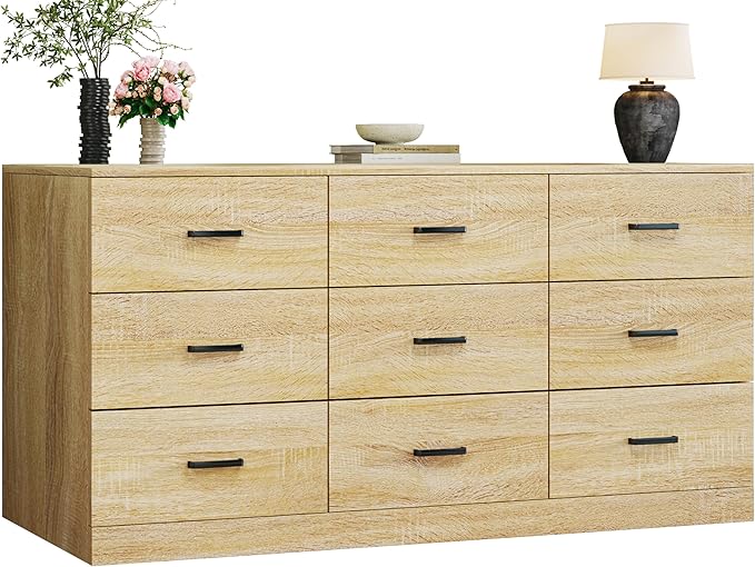 Fluted Dresser with Drawers – Faux Marble Top, Natural Oak