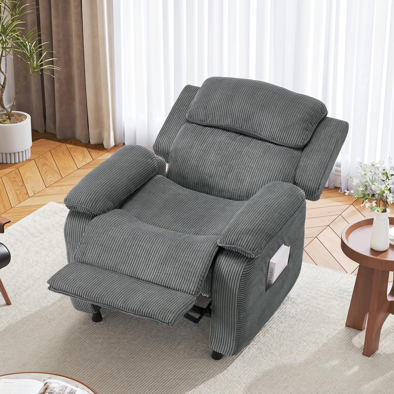 EROMMY Electric Recliner Chair, Oversized Power Recliner with USB Charging Port & Side Pockets, Heavy Duty Corduroy Reclining Sofa Chair, Wide Seat Living Room Chair for Adults, Dark Grey