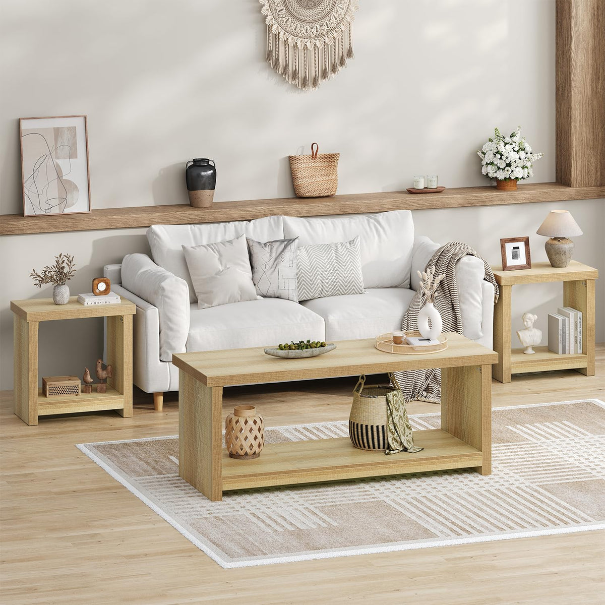 End Tables Set of 2 for Living Room, Narrow Side Tables with Storage Shelves, Square End Table for Bedroom, Slim Nightstand, Skinny Rectangle Accent Table, Farmhouse Bedside Table, Natural (2 Pieces)