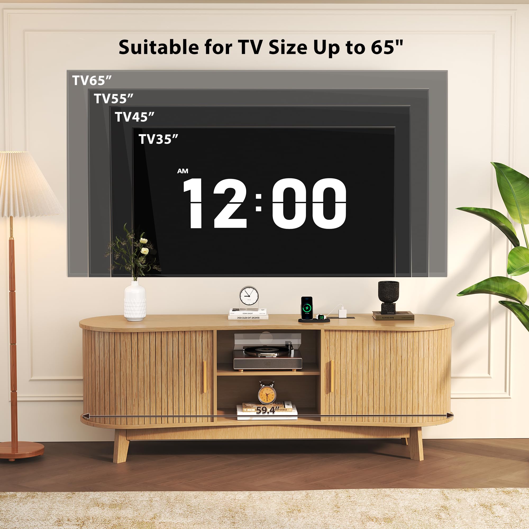 Homiflex Mid Century Modern TV Stand for 65 Inch TVs, Fluted TV Stands with Open Shelves and Sliding Door, Media Cabinet with Power Outlet, Entertainment Center with Storage for Living Room, Natural