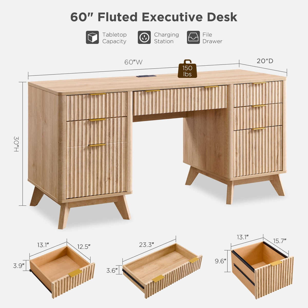 T4TREAM 60" Modern Fluted Executive Desk with Drawers, Natural Oak