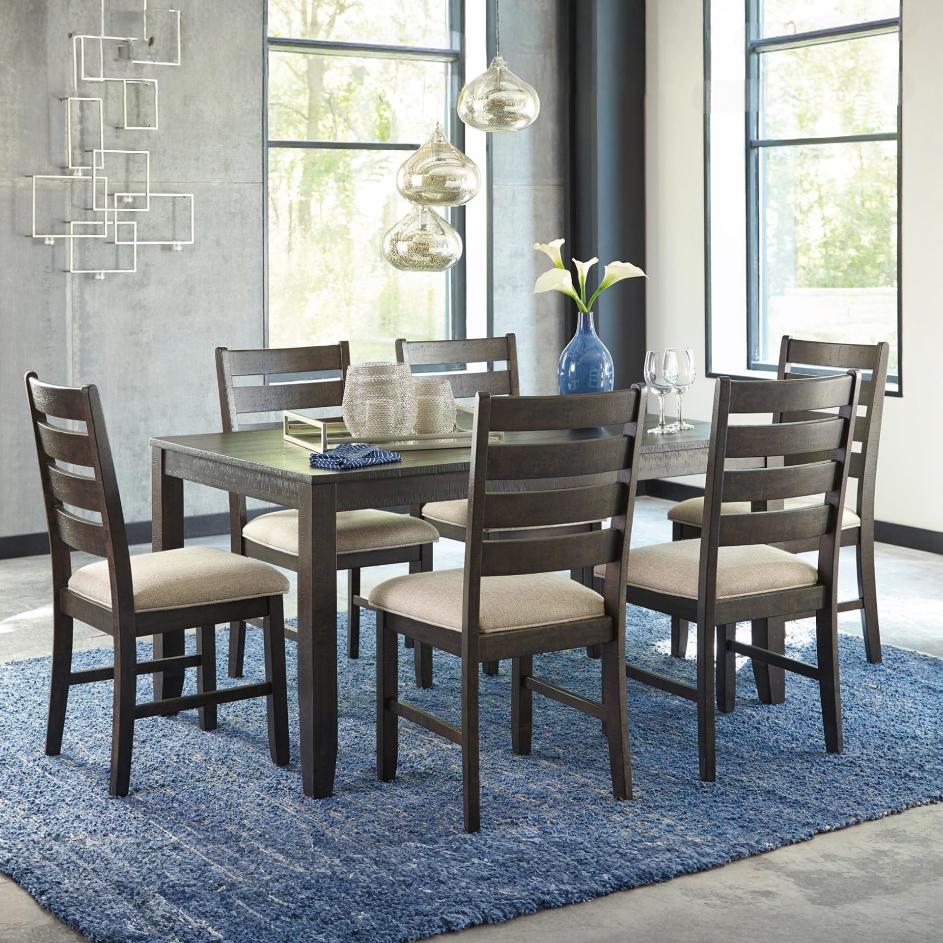 Signature Design by Ashley Rokane 7-Piece Dining Room Table Set with 6 Upholstered Chairs - Brown Wood 20" Rectangular Table & Chair Set for Kitchen Dining Room