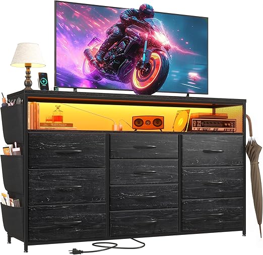 10-Drawer Dresser TV Stand with LED Lights & Power Outlets