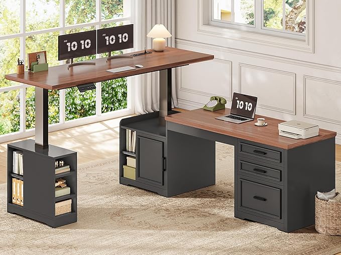 L-Shaped Electric Standing Desk with Drawers & Shelves