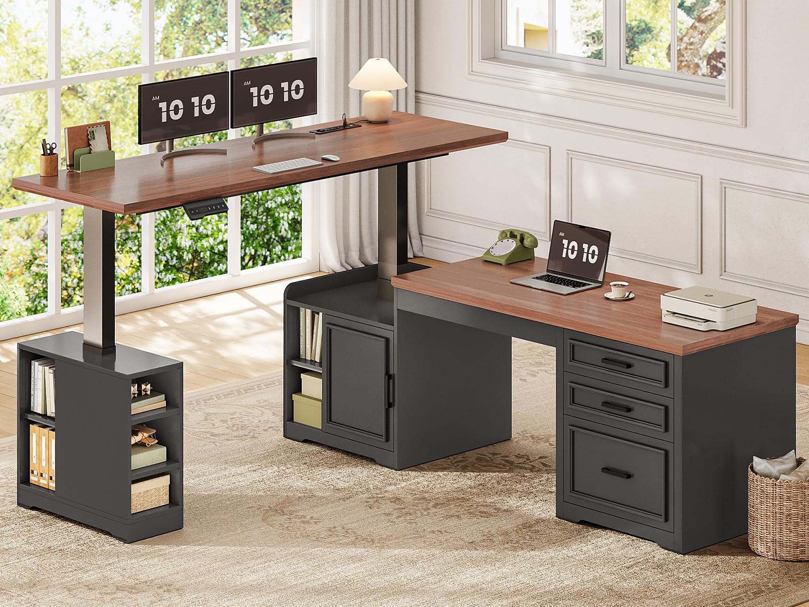 L-Shaped Electric Standing Desk with Drawers & Shelves