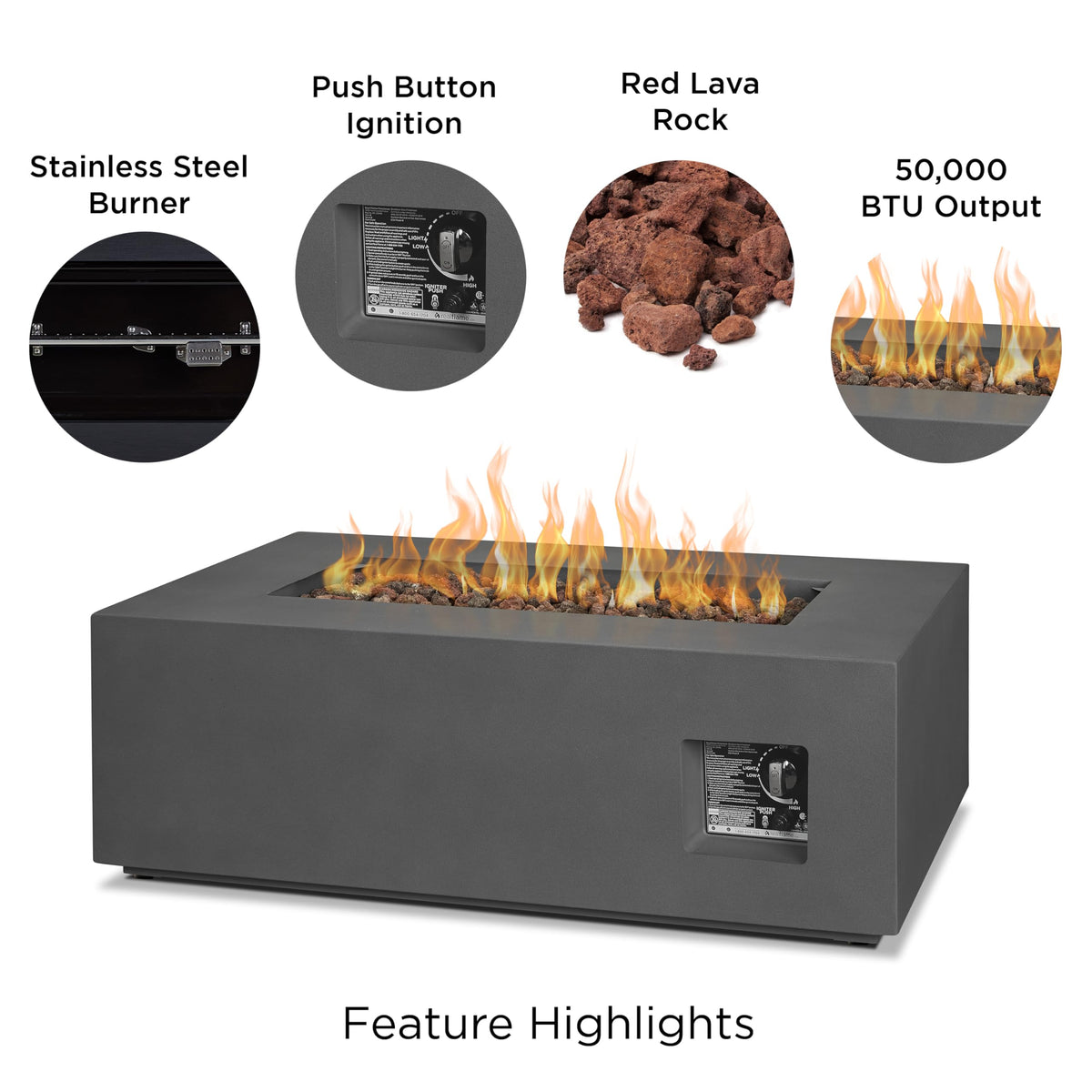 Real Flame Aegean 42in Rectangle Propane or Natural Gas Fire Pit Table, 50,000 BTU, Powder-Coated Steel, Push-Button Ignition, Lava Rock, Storage Cover, Stainless Steel Burner - Weathered Slate