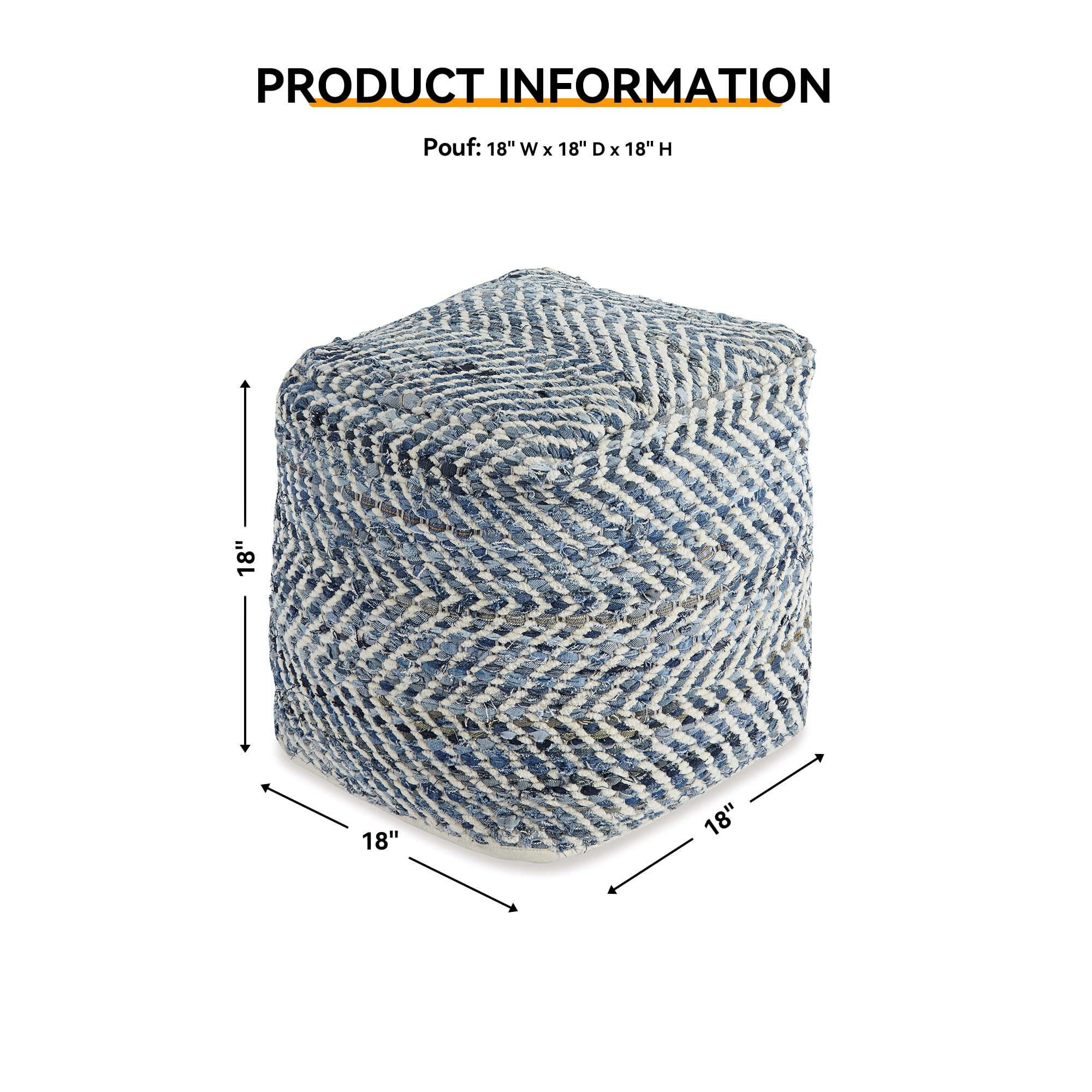 Signature Design by Ashley Chevron Handmade Woven Pouf 18 x 18, Blue and White