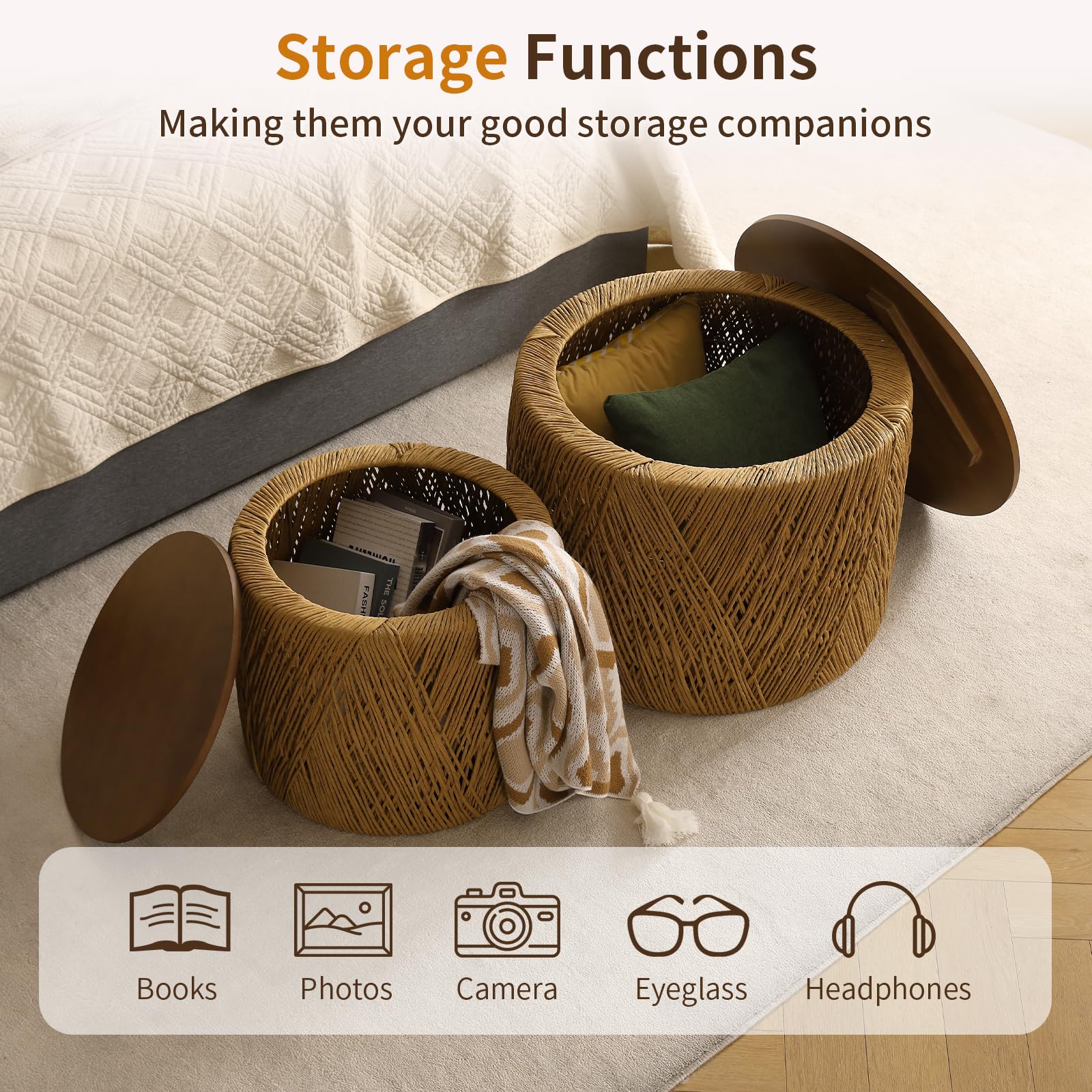 Round Nesting Coffee Table Set with Rattan Storage