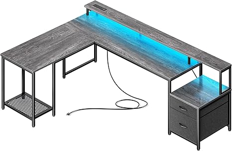 L-Shaped Gaming Desk with LED Lights & Storage