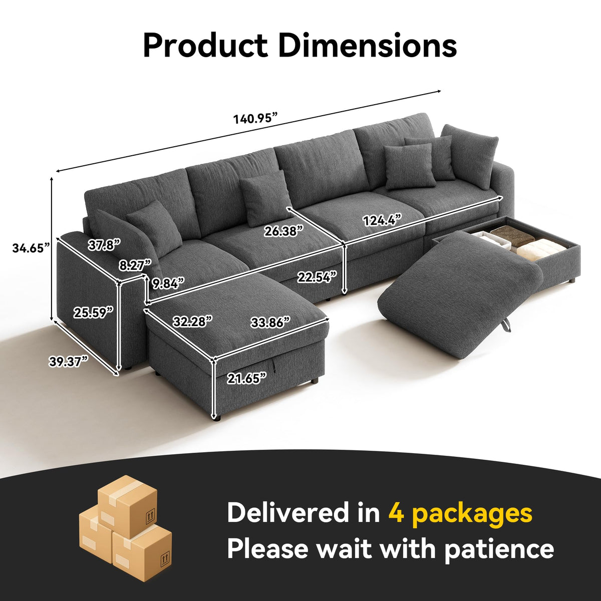 WorthFurni 140” Oversized Cloud Sectional Couches for Living Room, Modern Modular Sectional Sofa with Deep Seat, Convertible U Shape Couch with Storage Ottoman for Apartment, Chenille (Dark Gray)