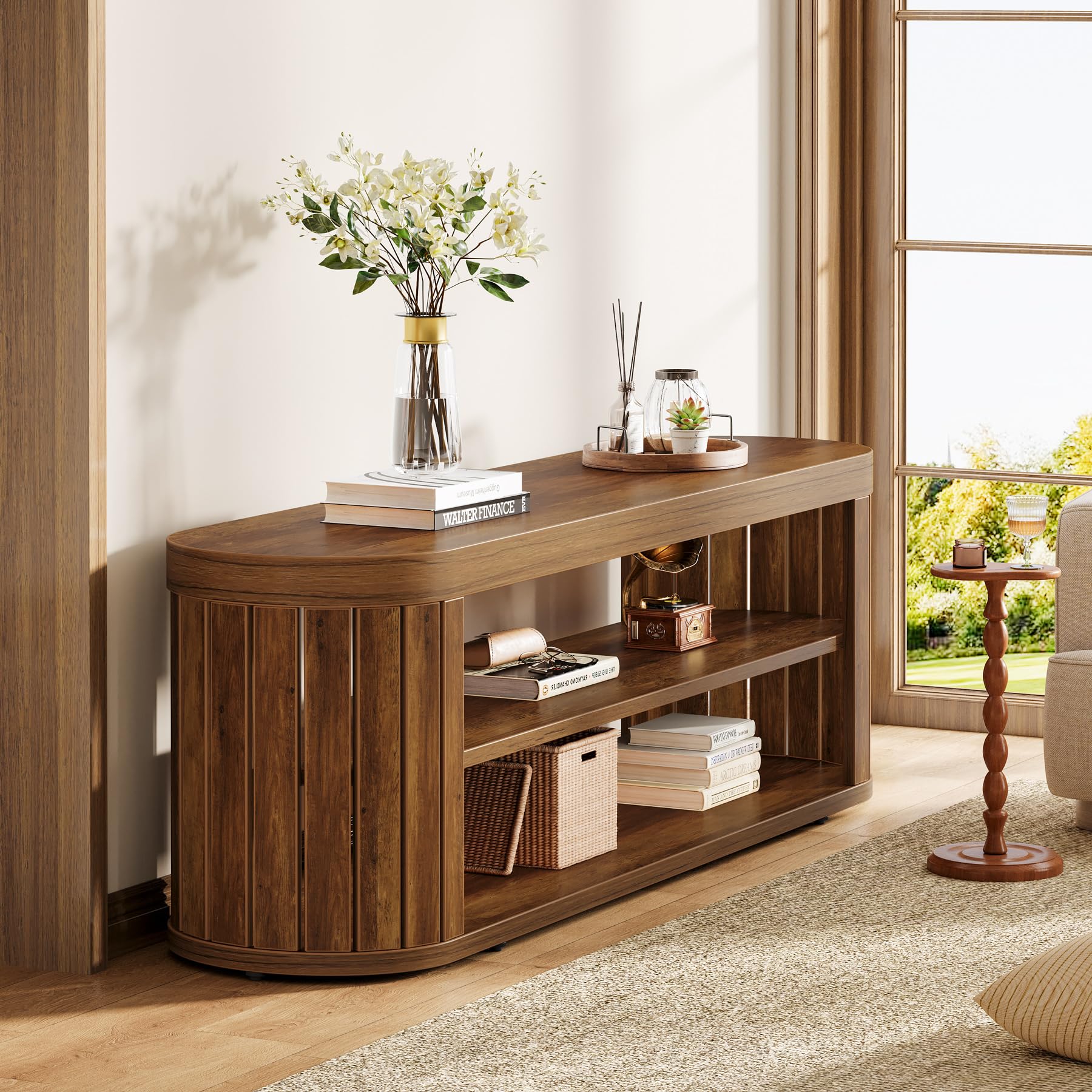 Tribesigns TV Stand for TVs up to 55 Inches, 47.2-Inch Entertainment Center with 2-Tier Open Storage & Adjustable Foot Pads, Oval Media TV Console Table for Living Room, Bedroom, Rustic Brown