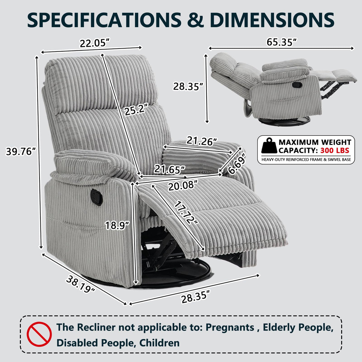 HRVEOCEI Manual Small Recliner Rocking Chair for Nursery/Relaxation (Grey)