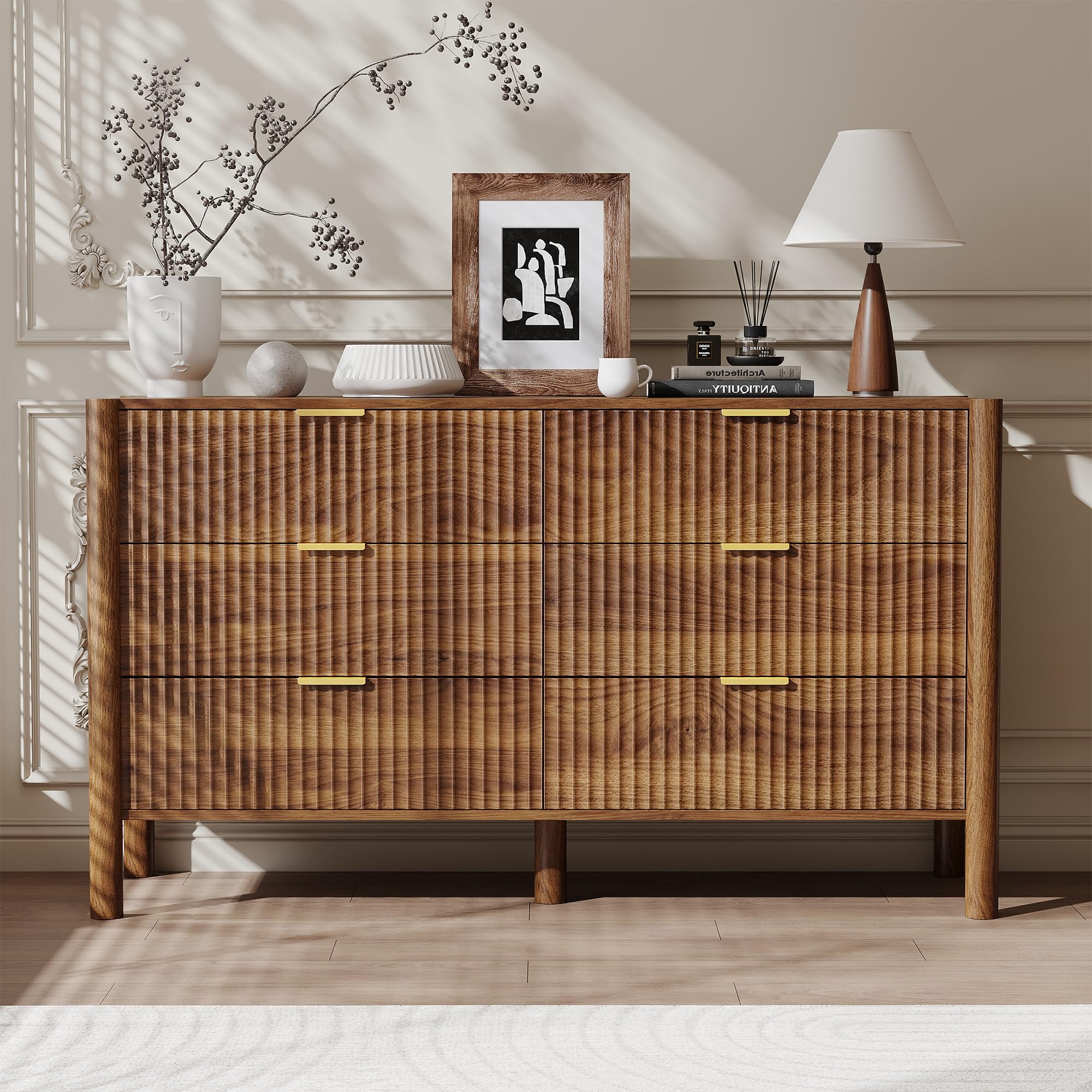 CHUWELL Fluted Walnut Dresser for Bedroom, 55.1" Wide Mid Century Modern Chest of Drawers with 4 Solid Wood Cylindrical Legs & Gold Metal Handles, 6 Drawer Large Dresser for Bedroom