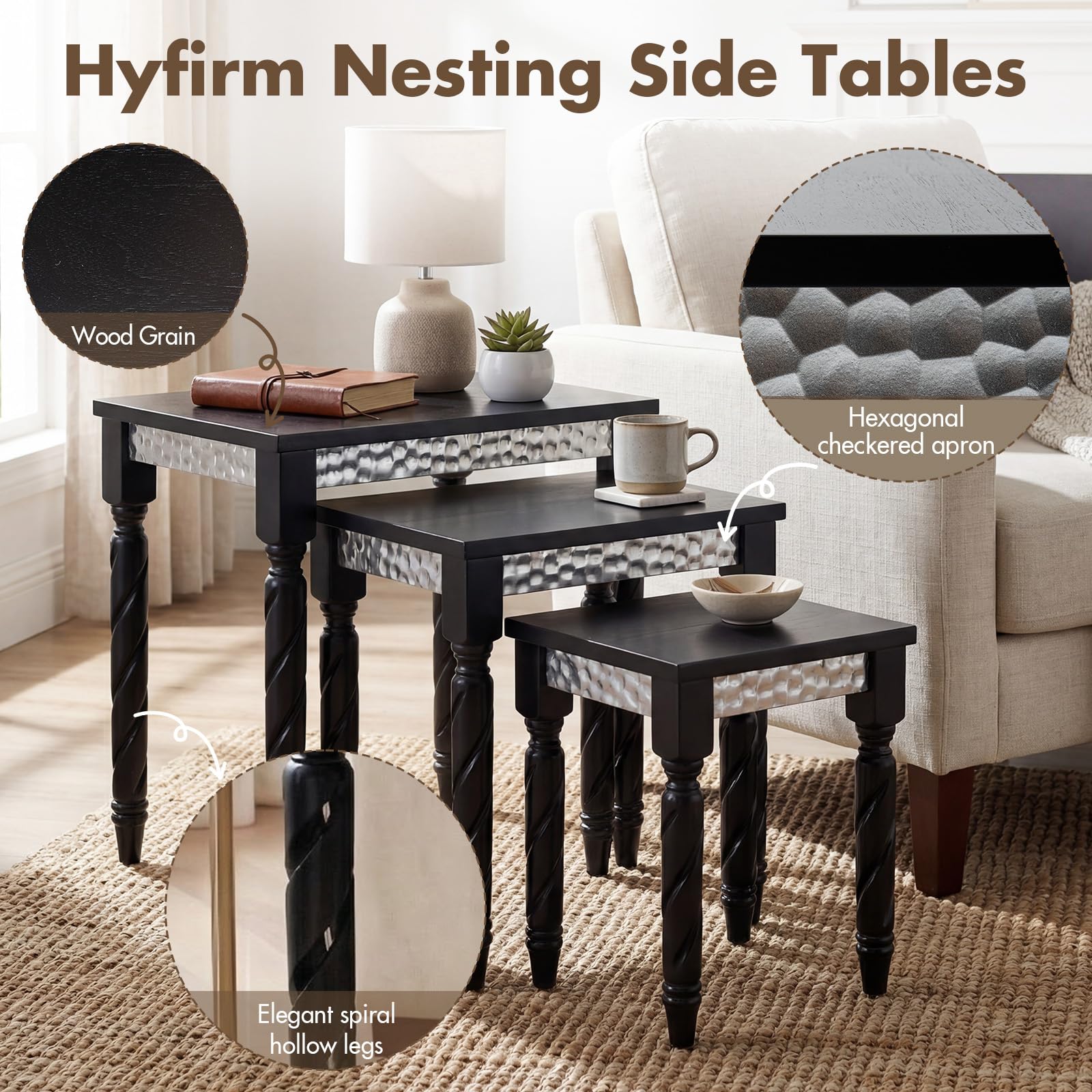 3-Piece Nesting Side Tables Set, Mid-Century Modern