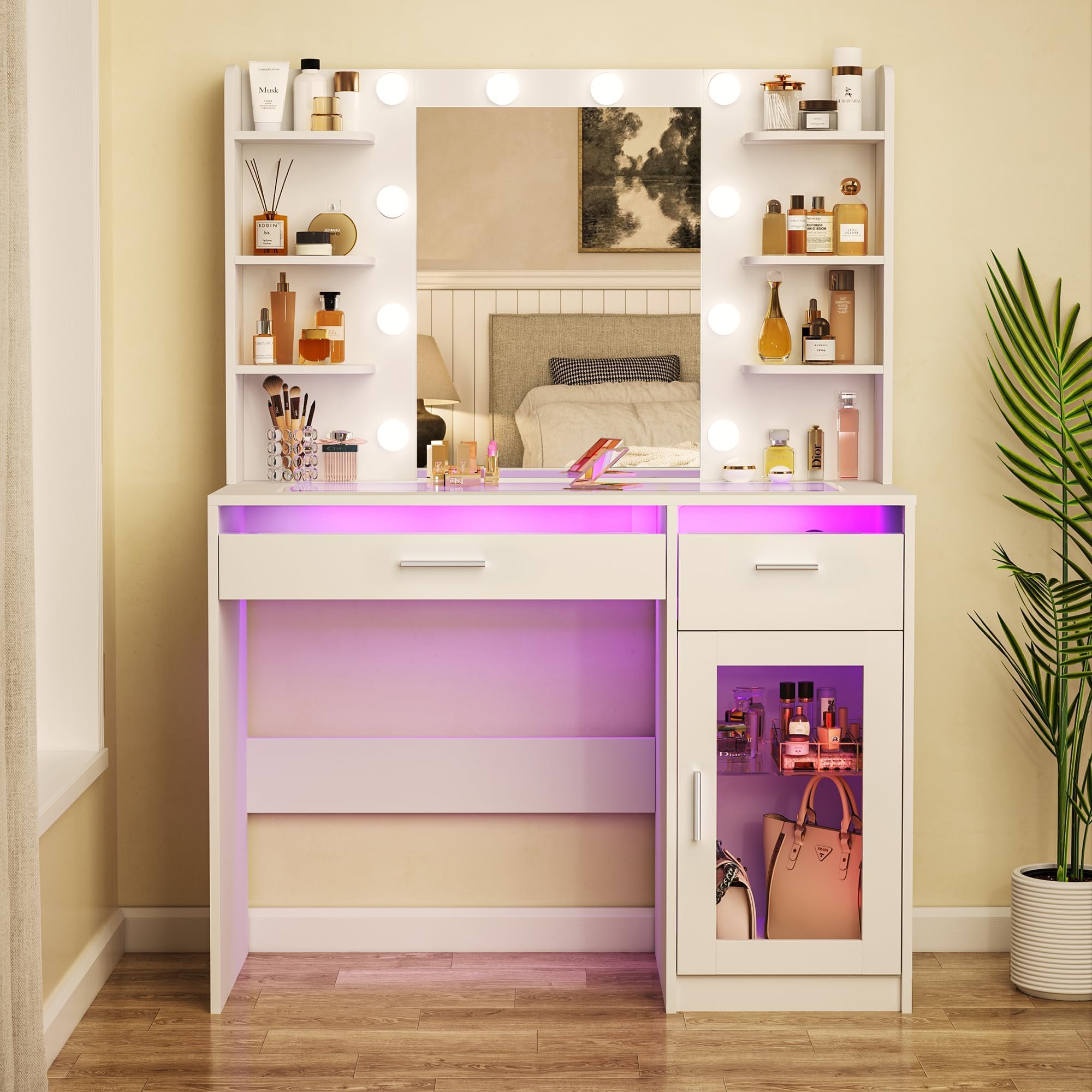 HUAHUU Vanity Desk with Mirror and Lights, Makeup Vanity Desk with Lights 3 Colors, Transparent Top Vanity with 2 RGB Drawers, 6 Shelves, Large Tempered Cabinet, Power Outlet, for Bedroom, White
