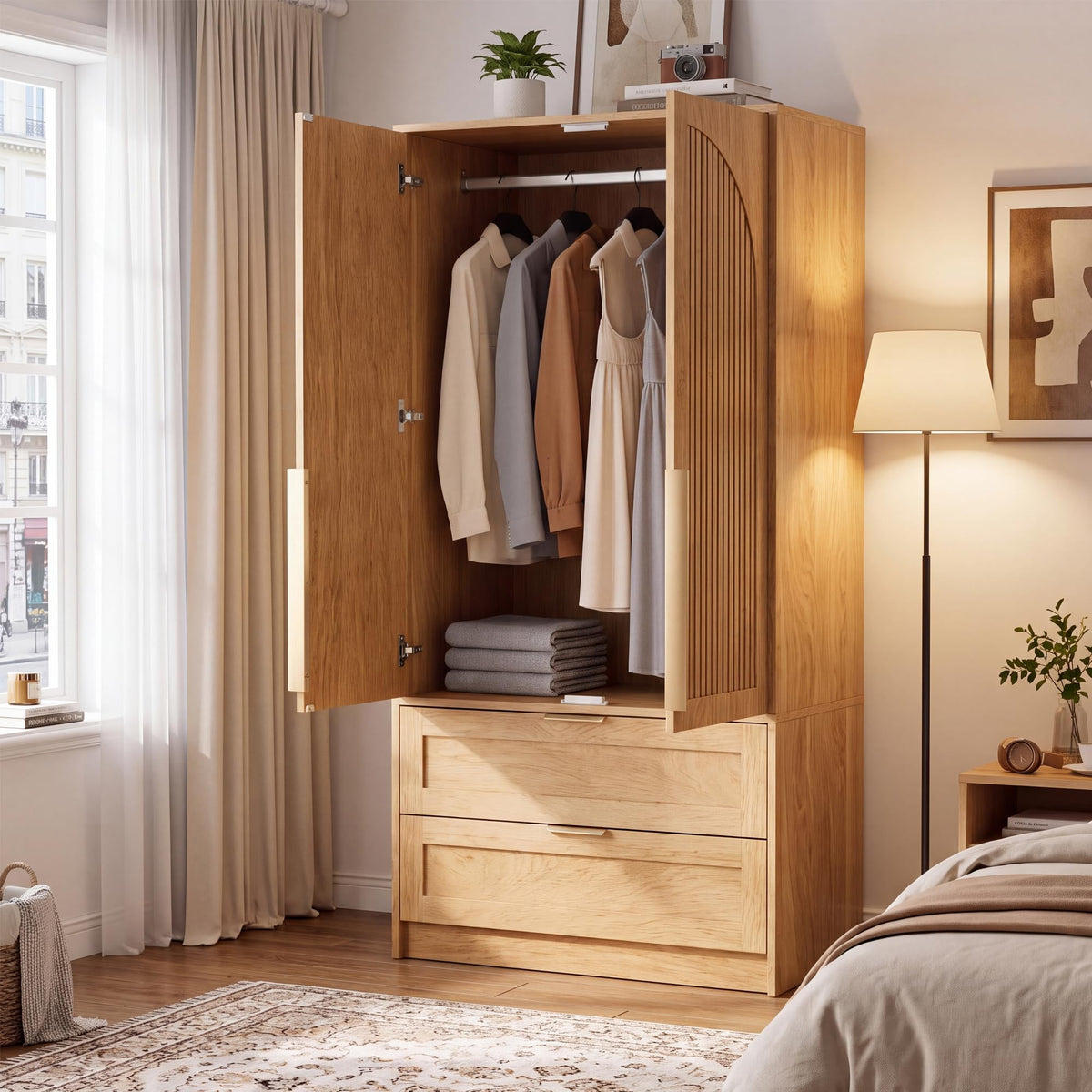 Fluted Wardrobe with 2 Drawers