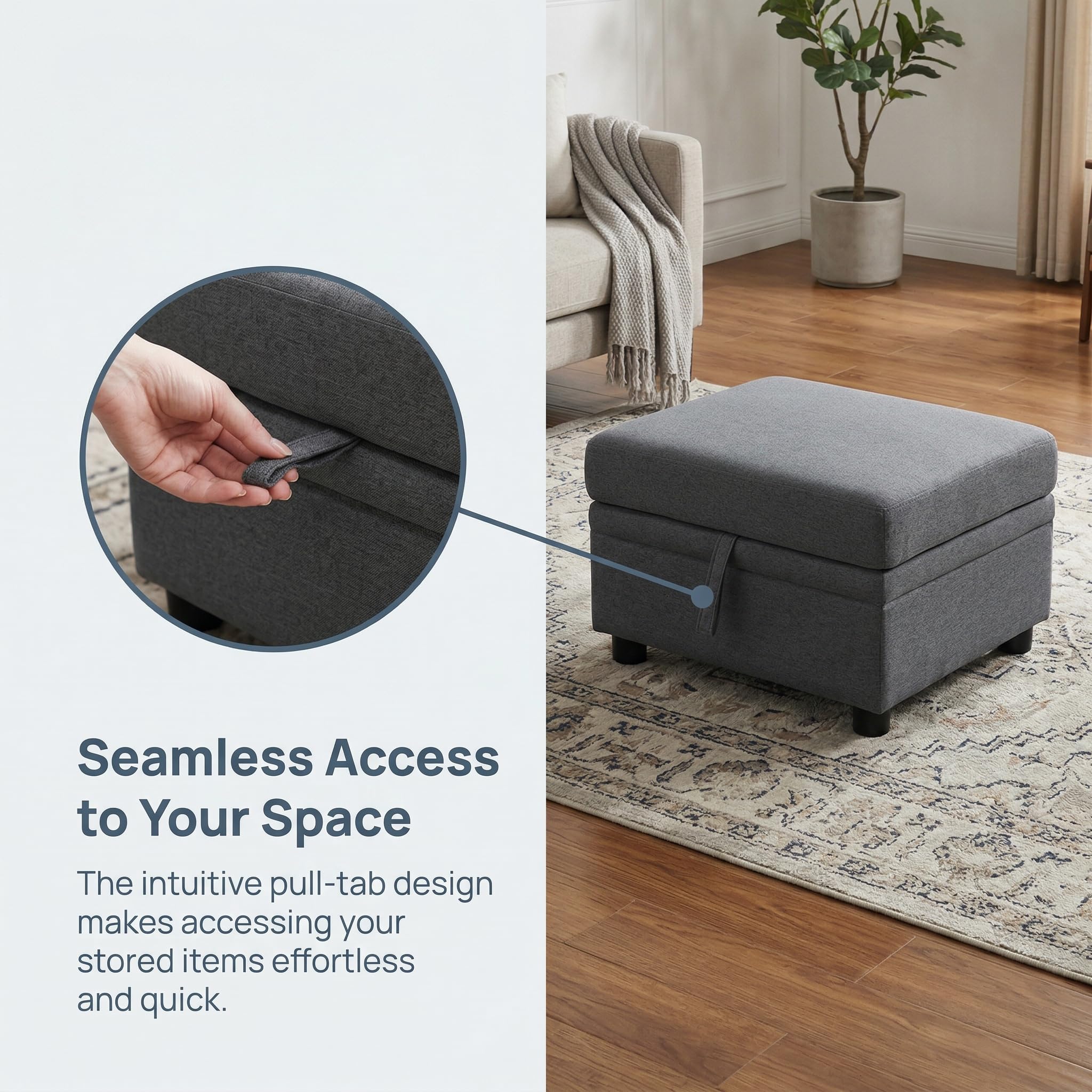 Snuptor Fabric Ottoman Bench with Storage,23 Inches Linen Large Square Storage Chest,Coffee Table,Foot Rest Stool Ottoman for Living Room,Apartment,Entryway,Grey