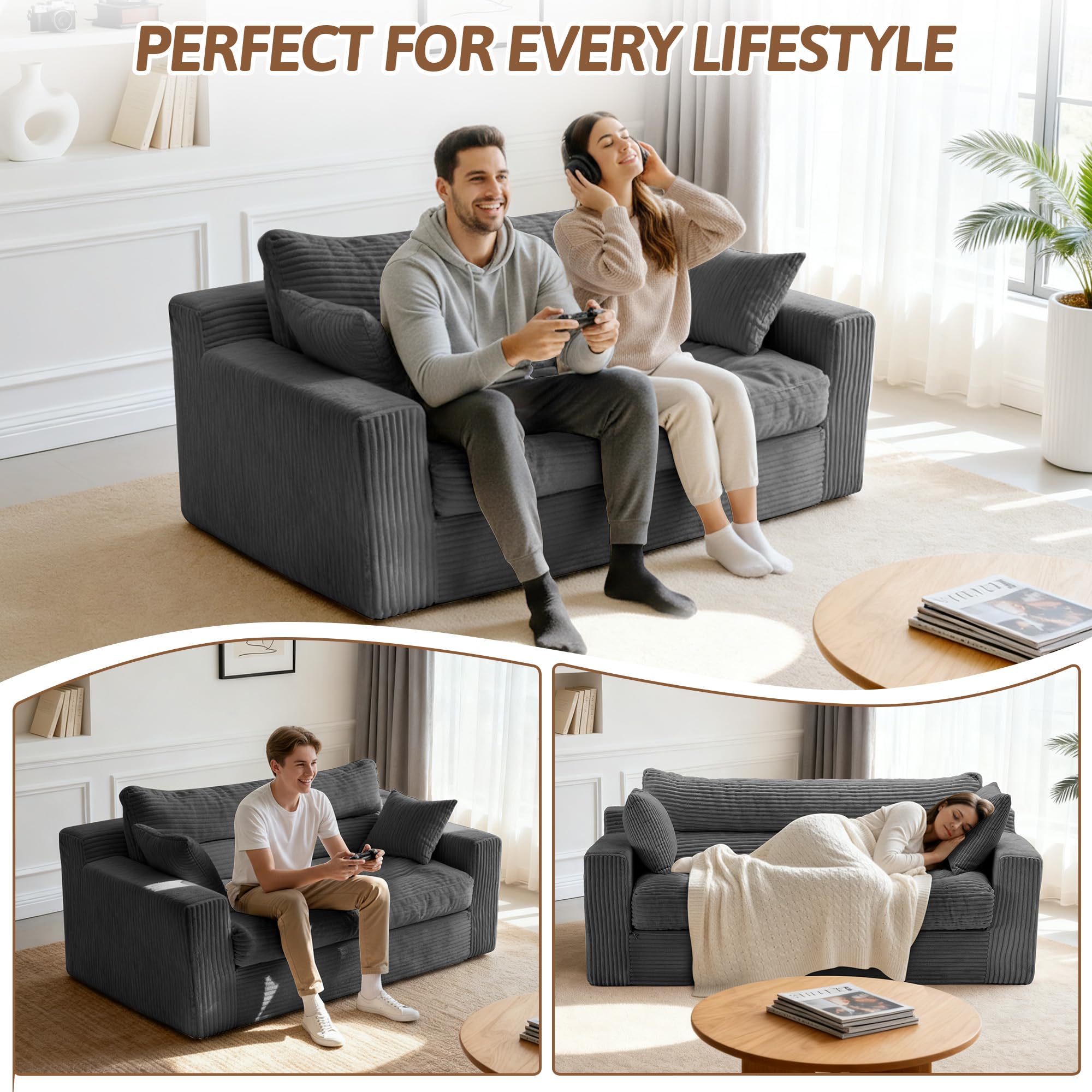 NLDD Convertible Sofa Bed, Pull Out Boneless Couch Loveseat Floor Sofa Bed with Pillows, 2-Seater Folding Sofa Loveseat Boneless Couch for Living Room, Bedroom, Apartment, Office(Grey)
