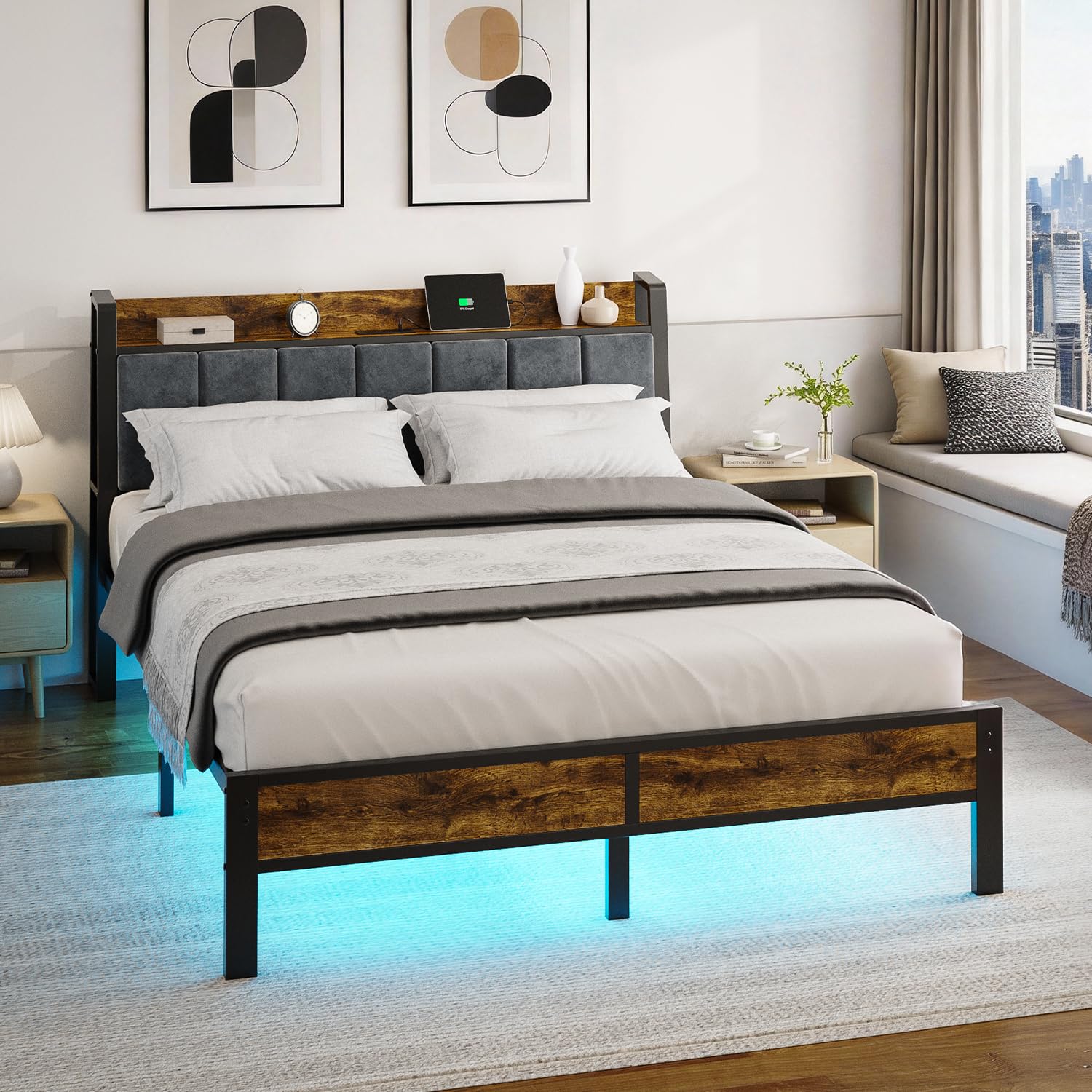 Metal Platform Bed Frame with Upholstered Headboard, Charging Station & LED Lights