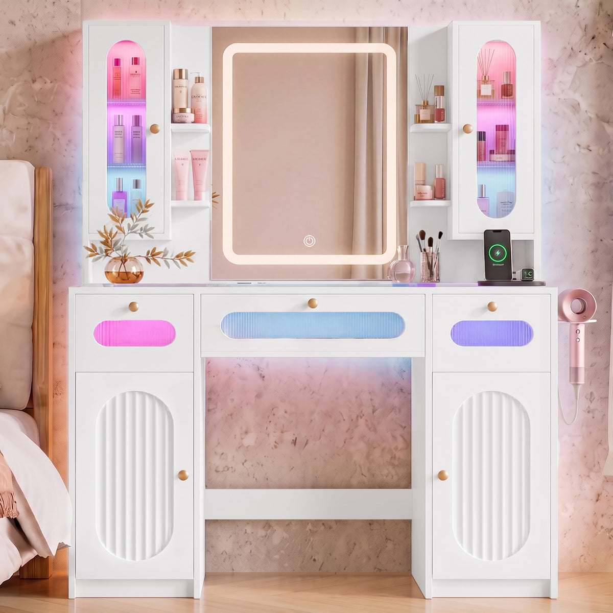 HarborHue 43" Fluted Makeup Vanity Desk with Mirror and Lights for Bedroom