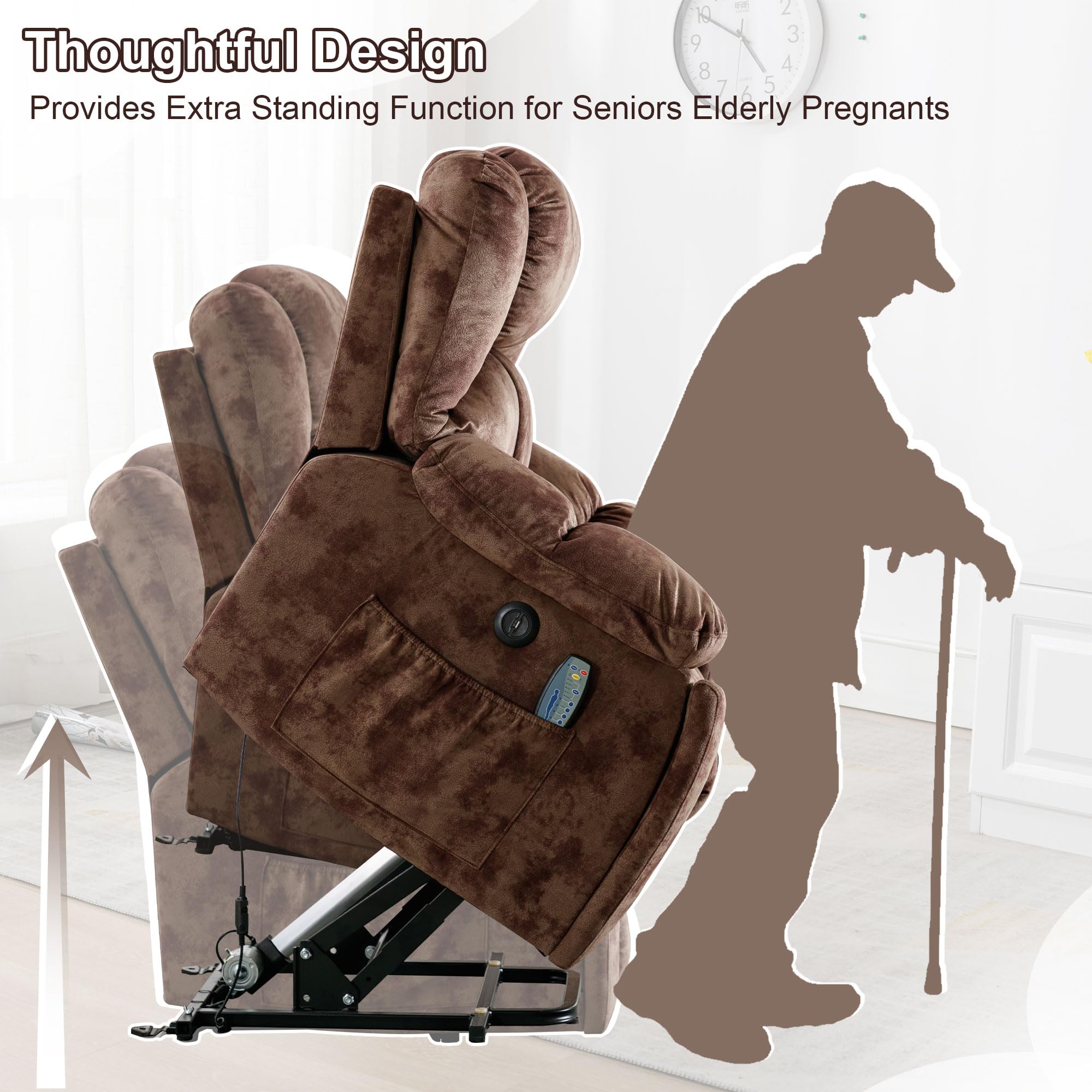 Bonzy Home Power Lift Recliner Chair with Heating and Massage, Upholstered Comfy Lift Chair, Lift Recliner Chairs for Elderly, with 2 Hidden Cup Holders, Side Pockets, USB Port, Brown